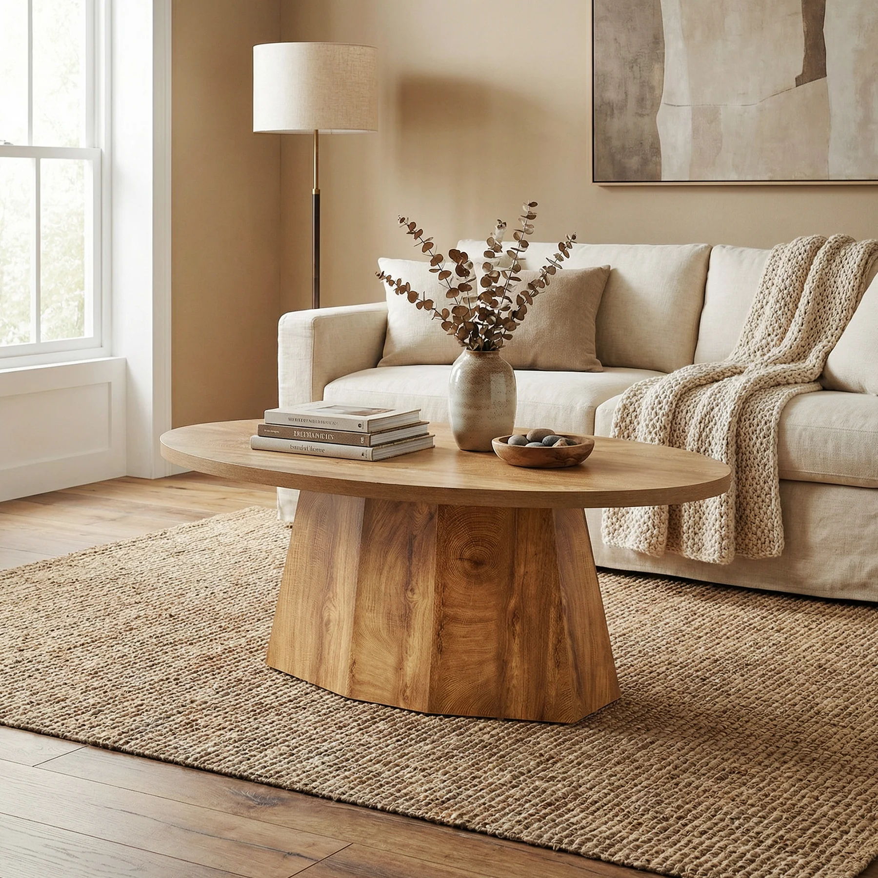 Oval Coffee Table, 47" Center Accent Table with Polygonal Pedestal for Living Room - Image 5