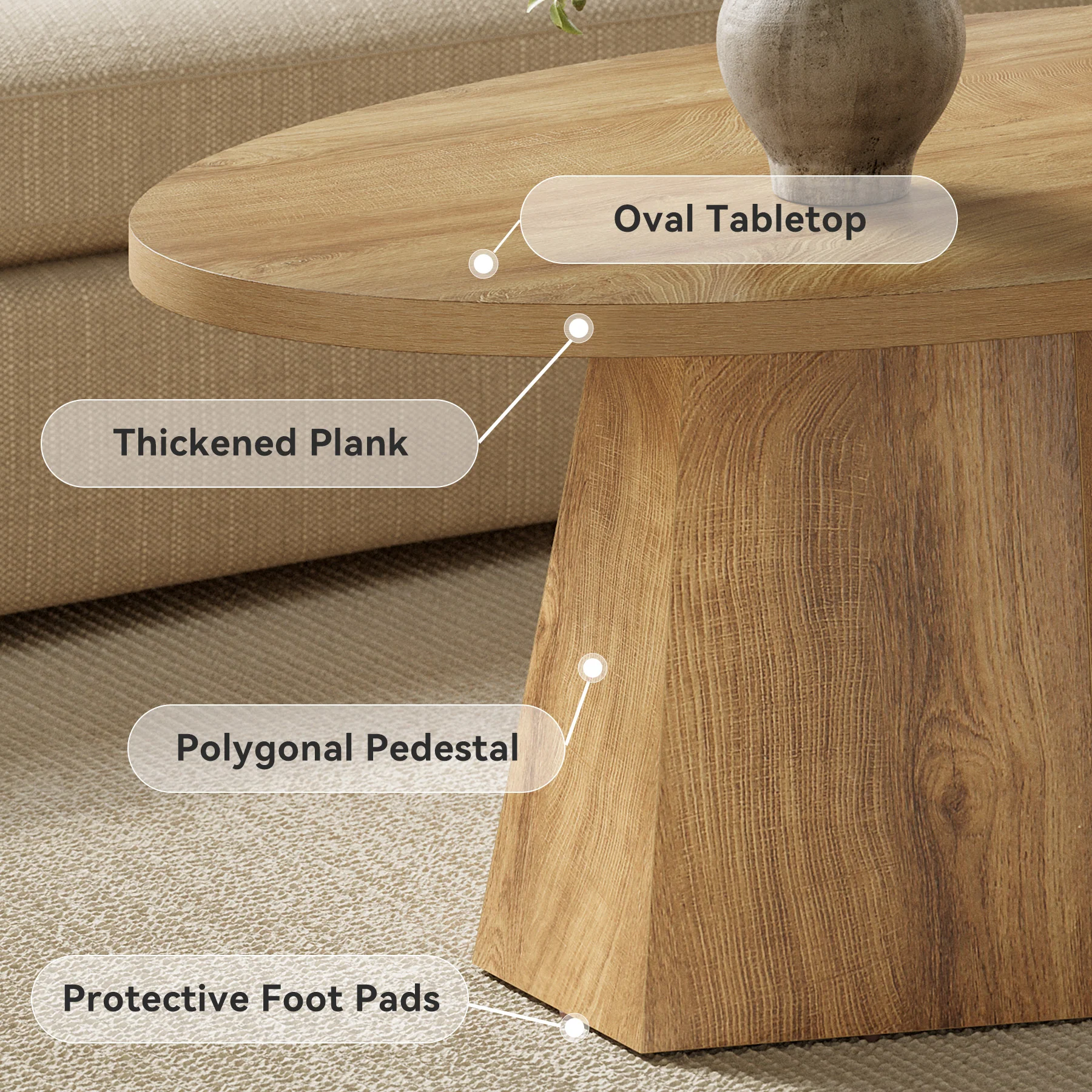 Oval Coffee Table, 47" Center Accent Table with Polygonal Pedestal for Living Room - Image 6
