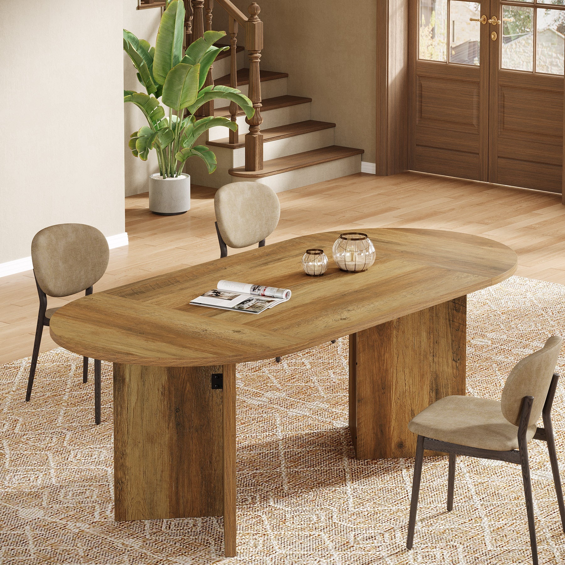 63" Dining Table, Oval Farmhouse Kitchen Table with Strip Base - Image 5