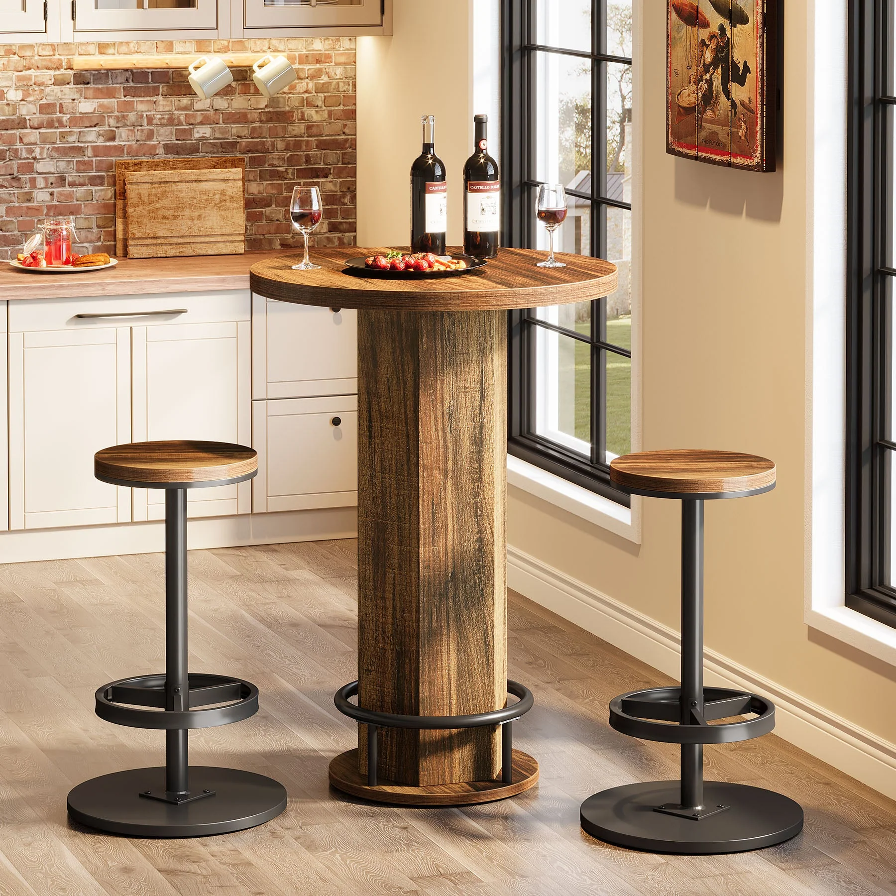 Bistro Sets with 2 Barstools, Pub Cocktail Table Bar Table with Chairs - Image 4