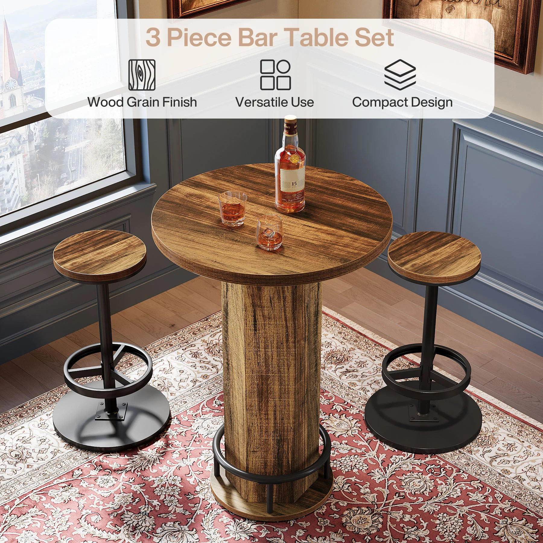 Bistro Sets with 2 Barstools, Pub Cocktail Table Bar Table with Chairs - Image 6