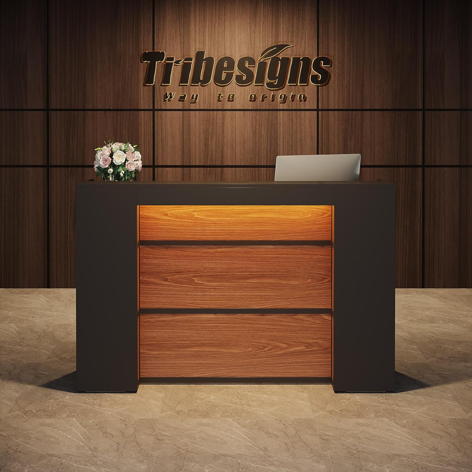 Modern Reception Desk, Large Counter Table Front Desk with LED Lights - Image 3
