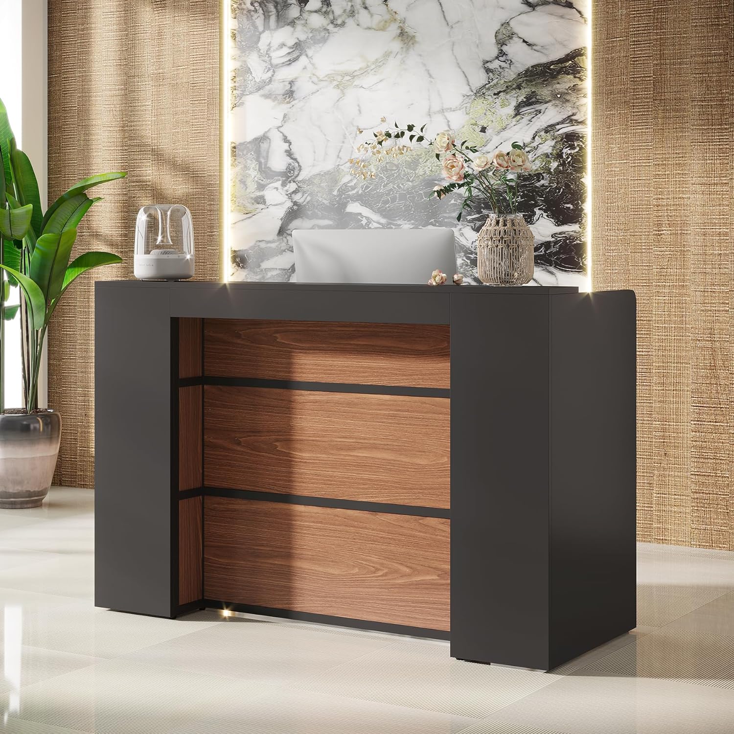 Modern Reception Desk, Large Counter Table Front Desk with LED Lights - Image 4