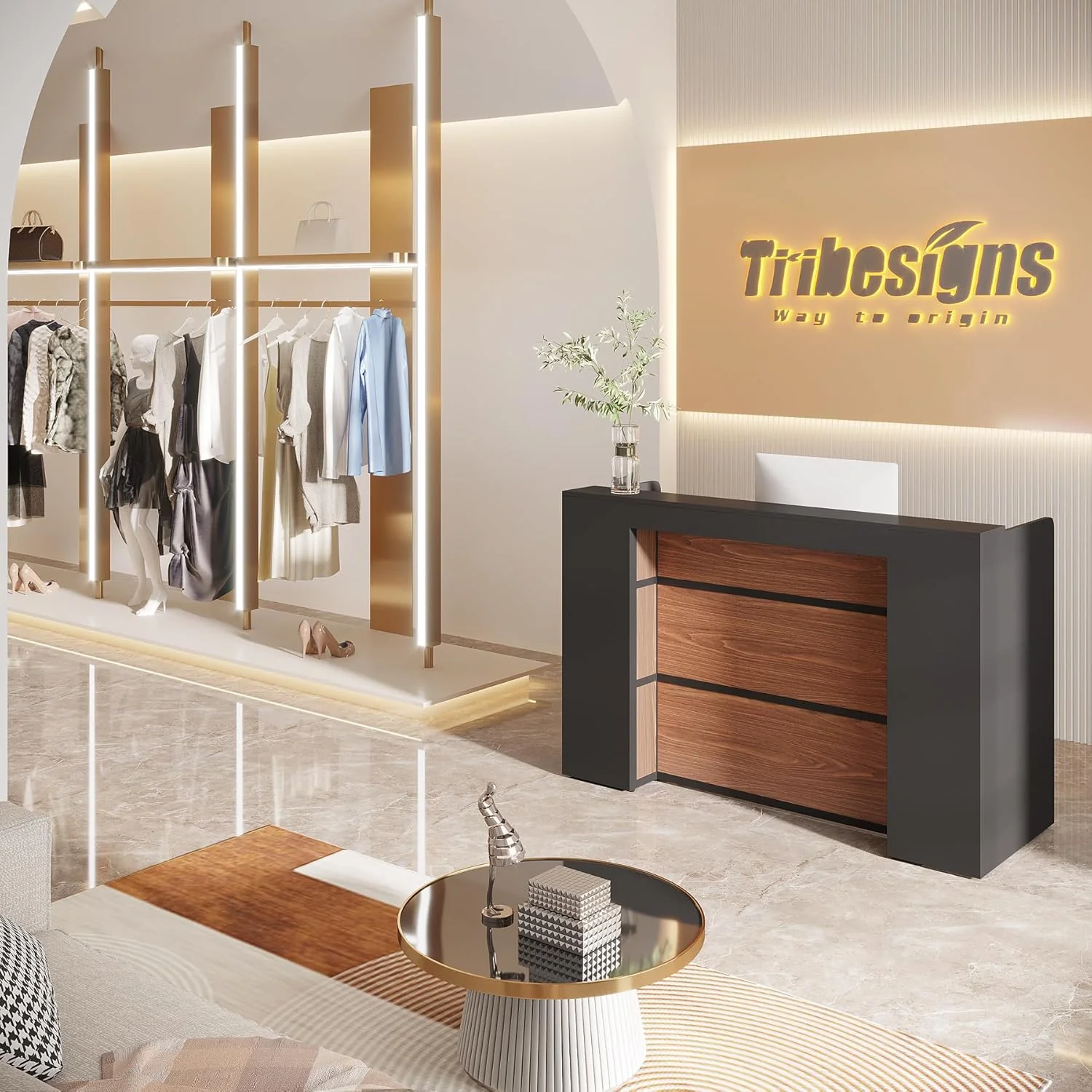 Modern Reception Desk, Large Counter Table Front Desk with LED Lights - Image 5