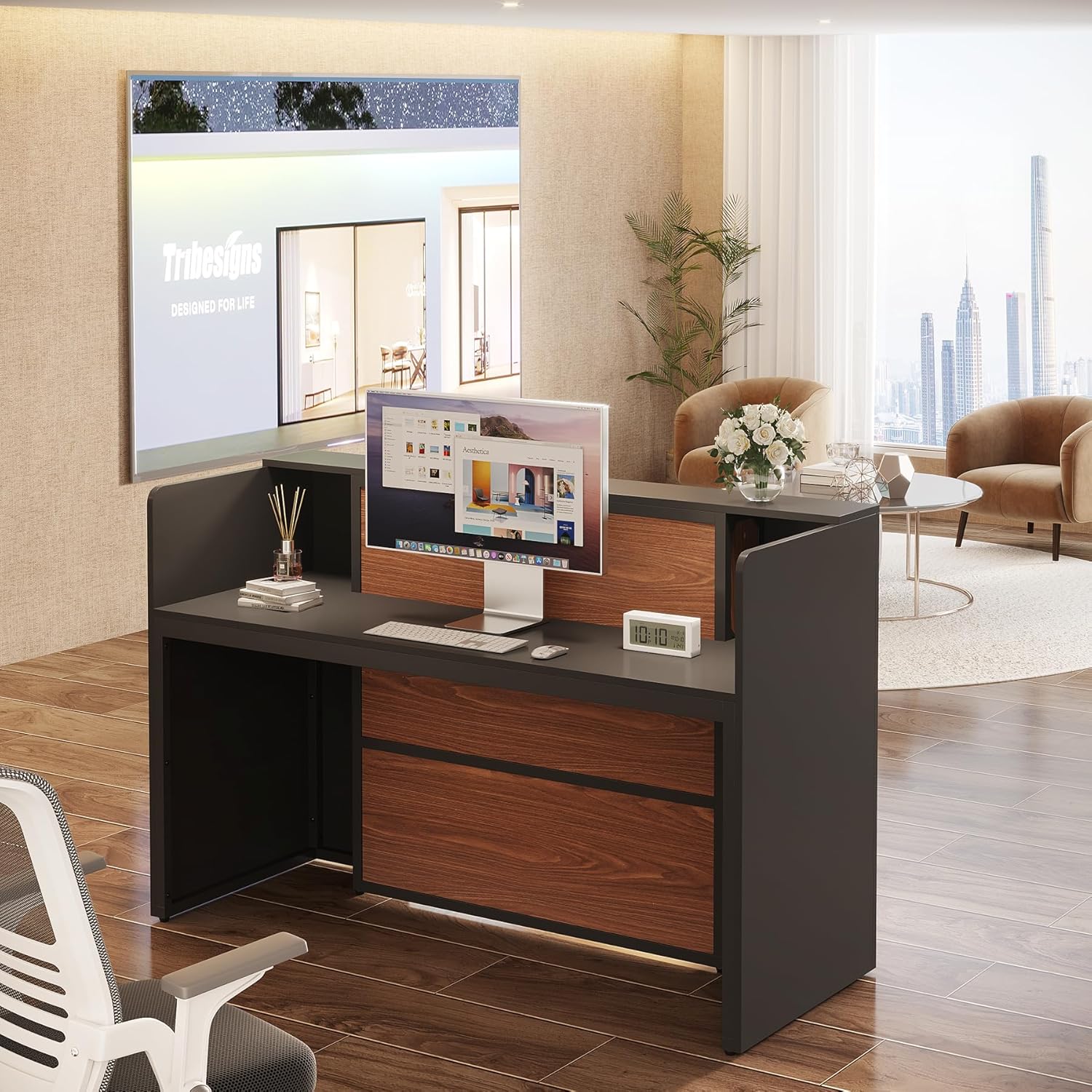 Modern Reception Desk, Large Counter Table Front Desk with LED Lights - Image 6