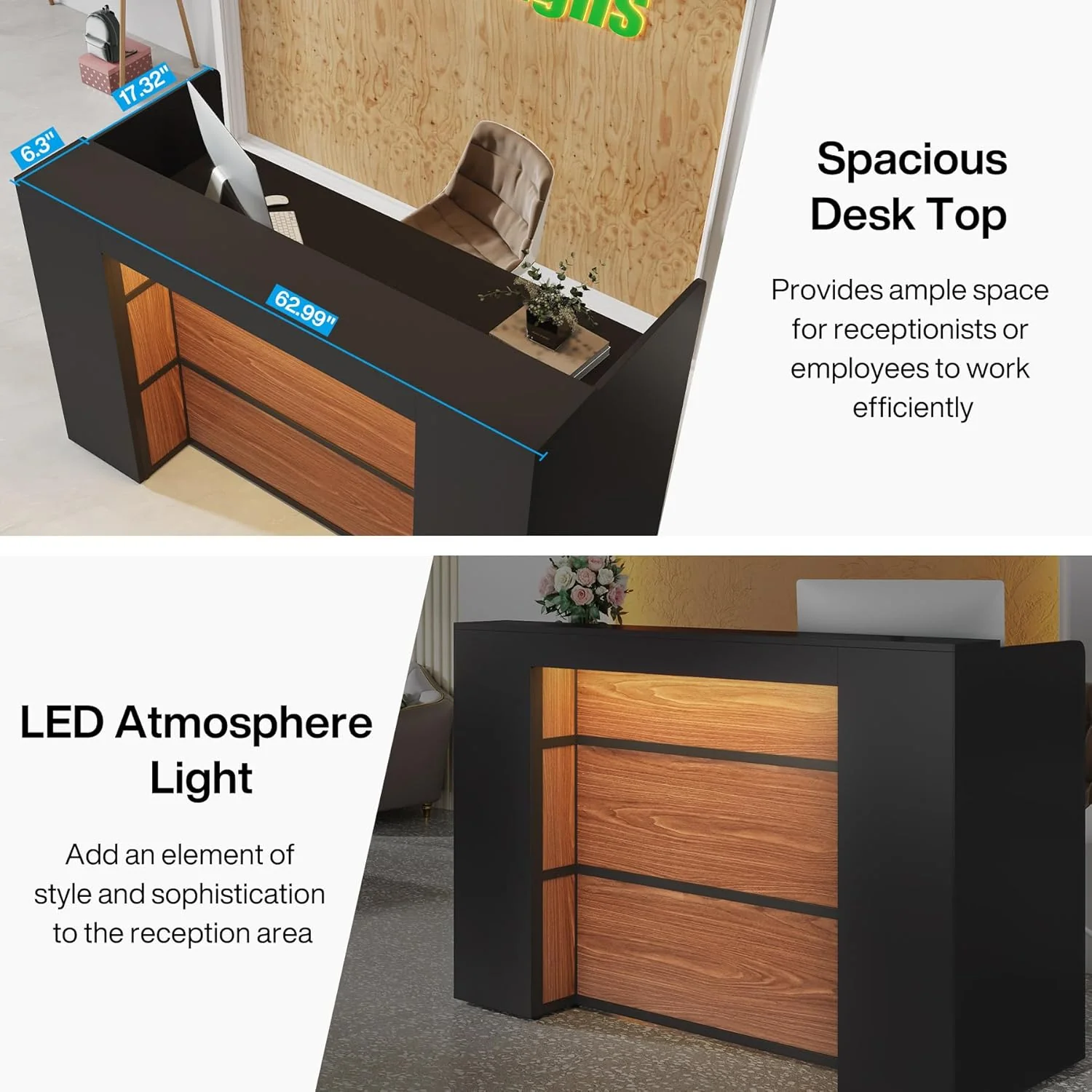 Modern Reception Desk, Large Counter Table Front Desk with LED Lights - Image 7