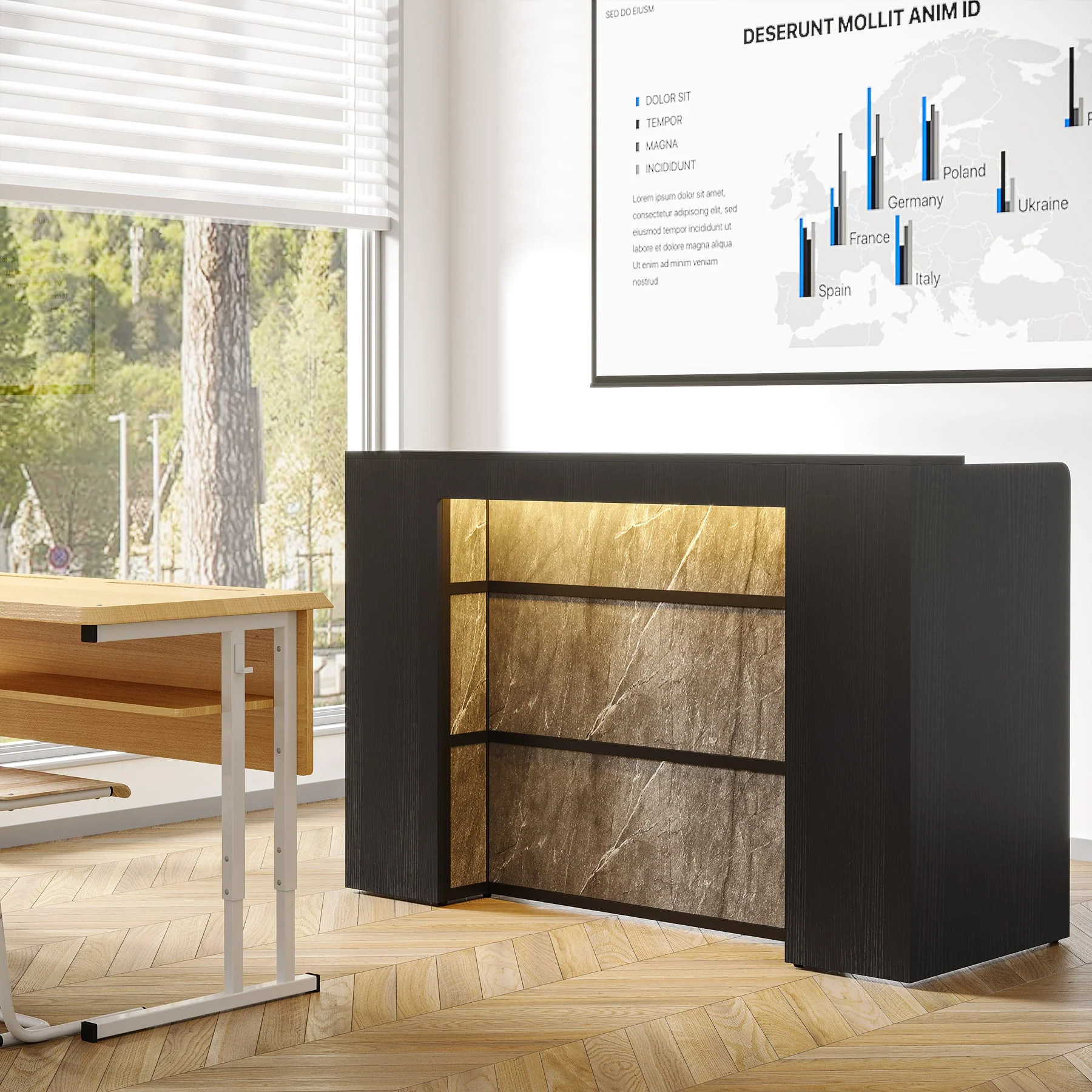 Modern Reception Desk, Large Counter Table Front Desk with LED Lights - Image 9