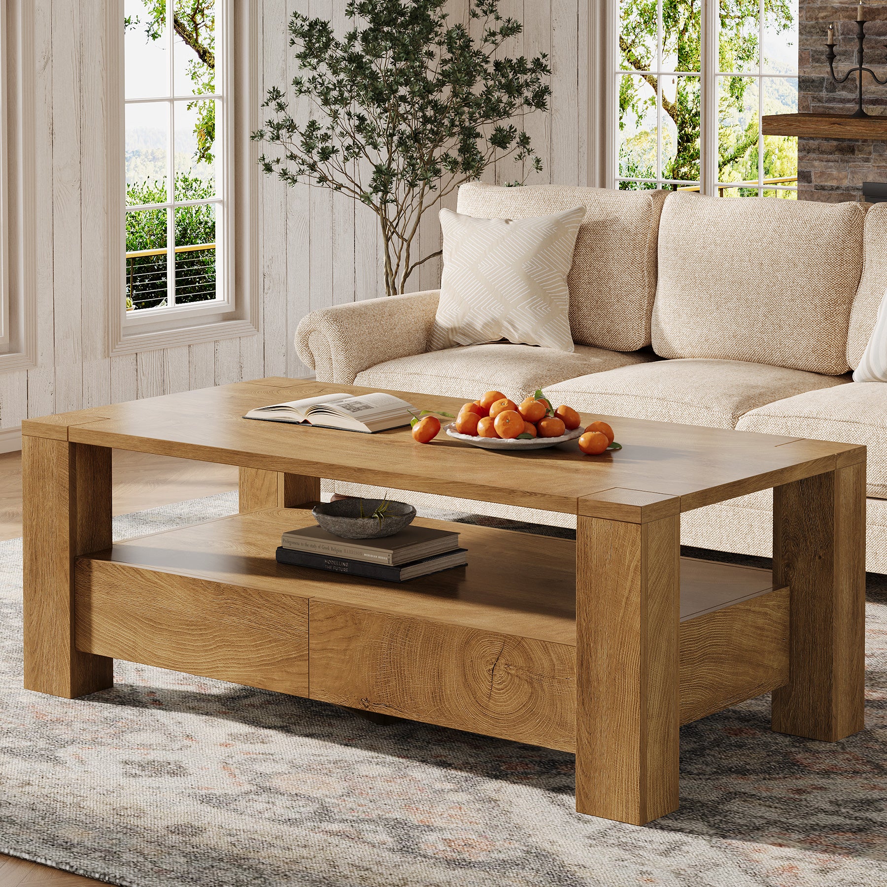 Rectangle Coffee Table, 47" Center Tea Table with 2 Drawers & Open Shelf - Image 3