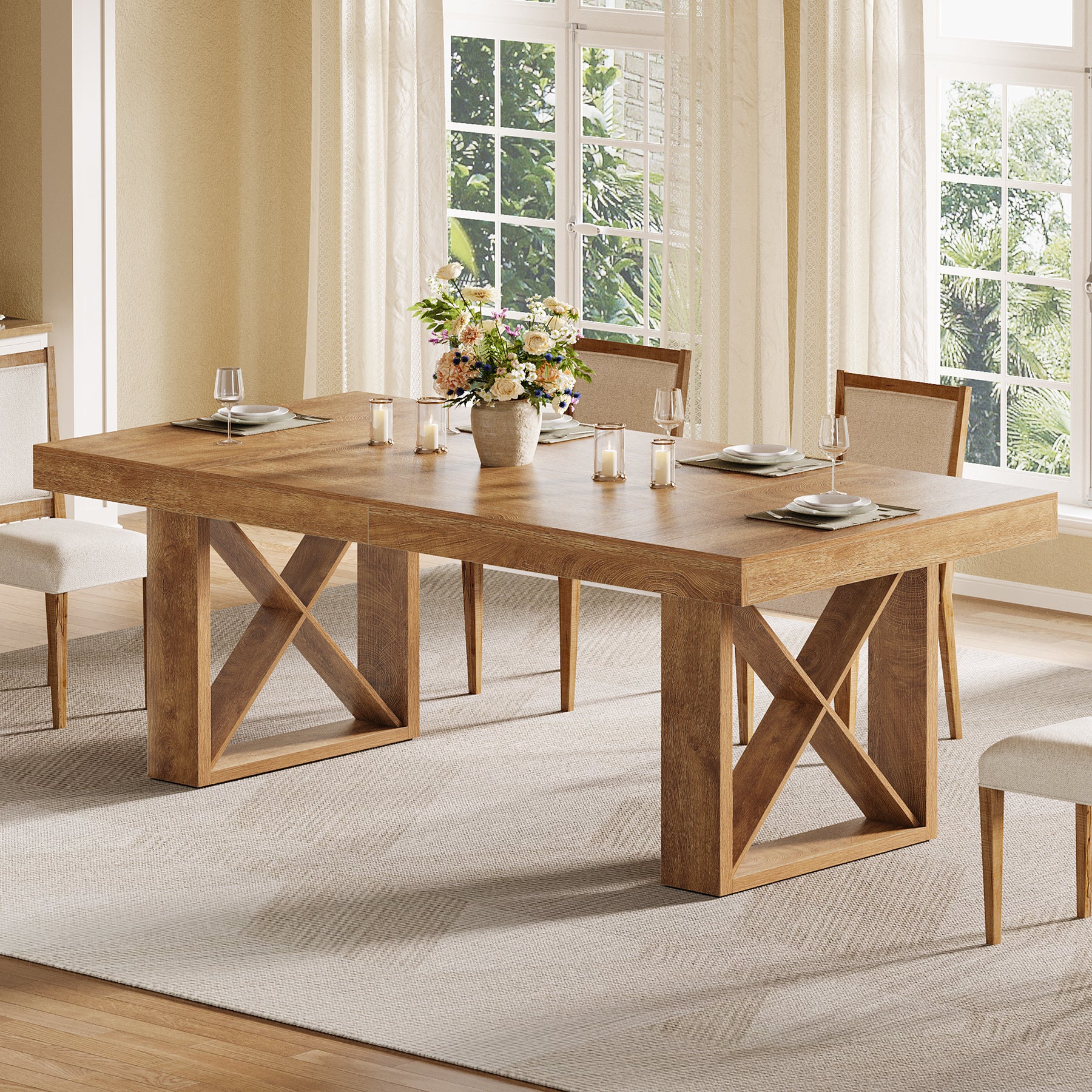 Rectangle Dining Table, 63" Farmhouse Kitchen Table for 4-6 People