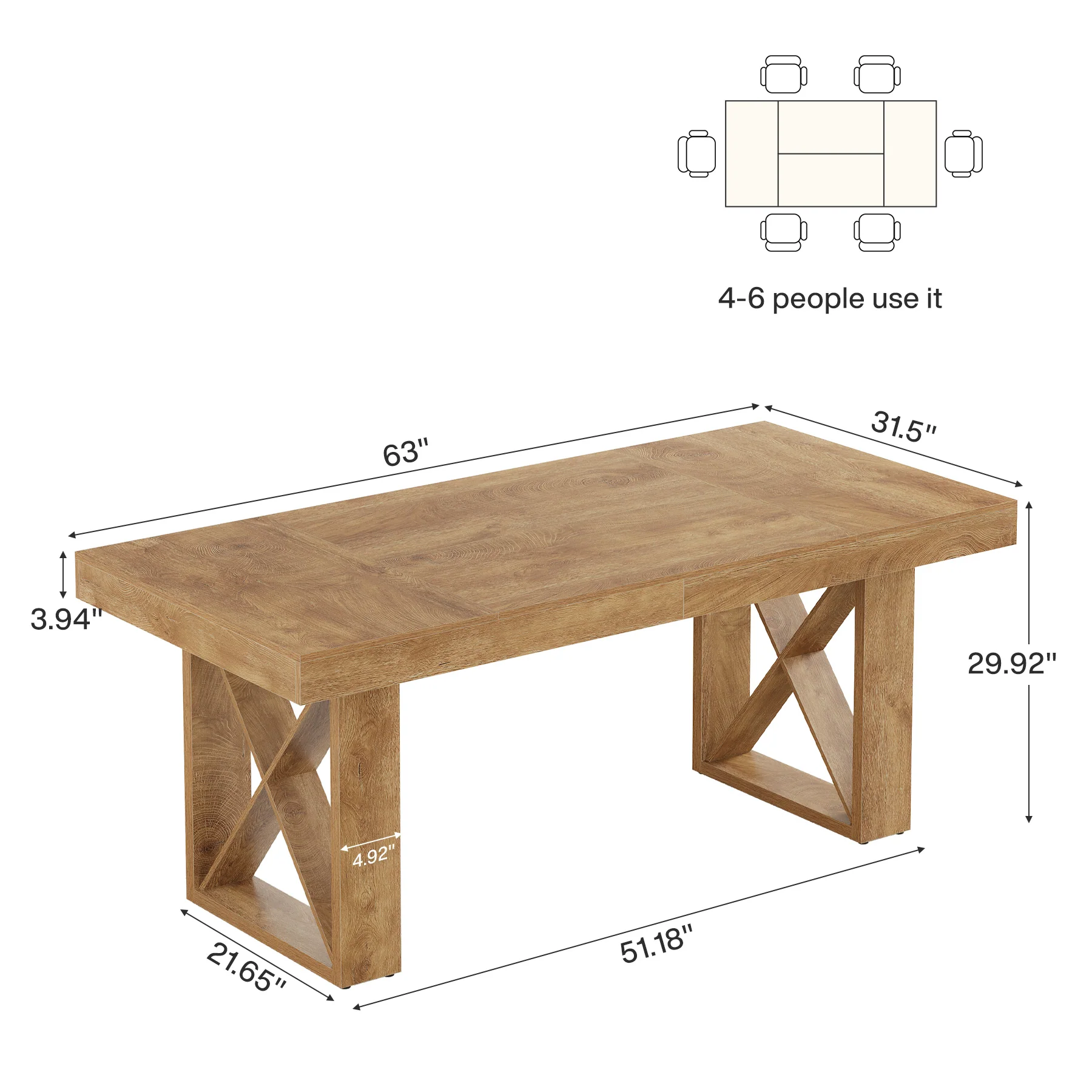 Rectangle Dining Table, 63" Farmhouse Kitchen Table for 4-6 People - Image 2