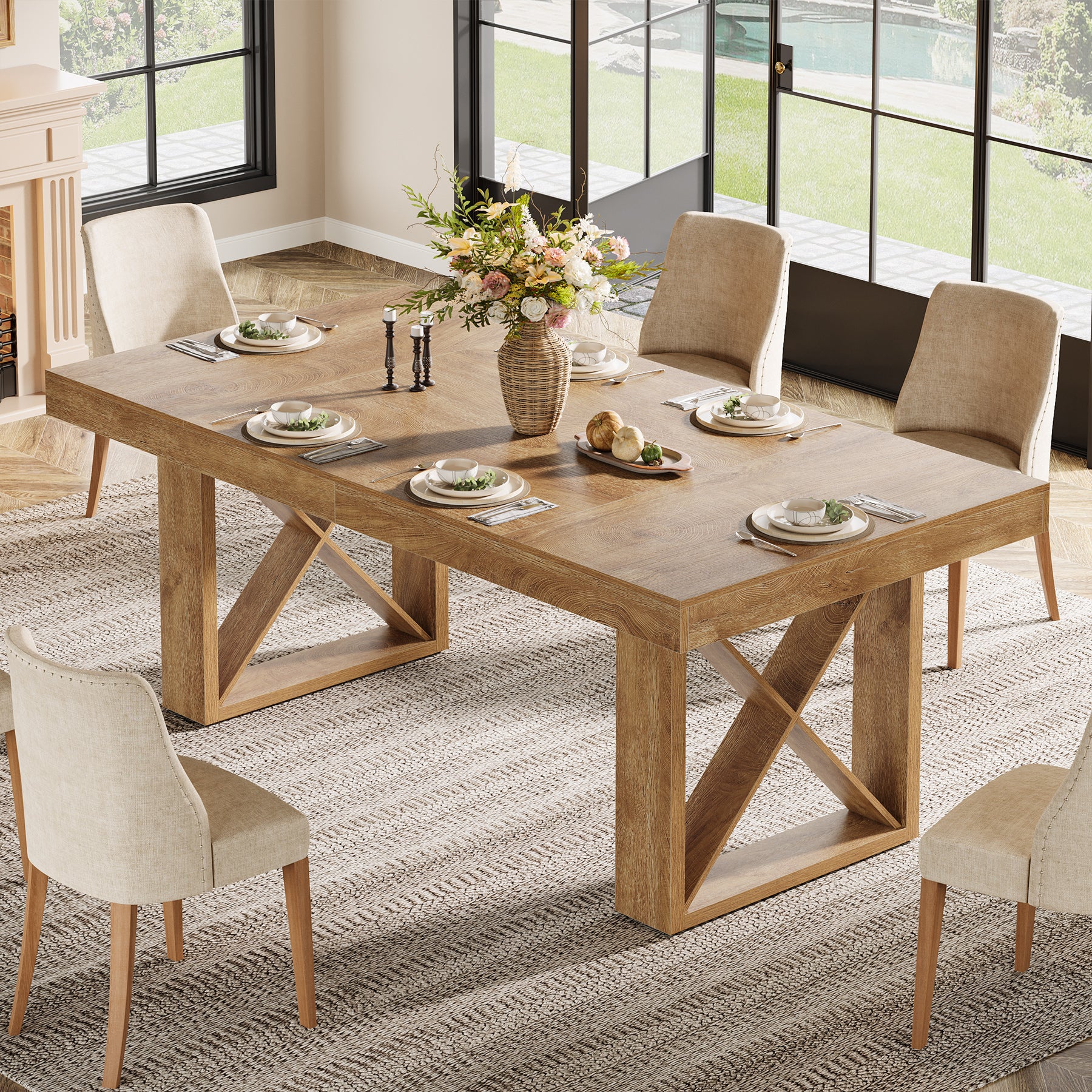 Rectangle Dining Table, 63" Farmhouse Kitchen Table for 4-6 People - Image 4