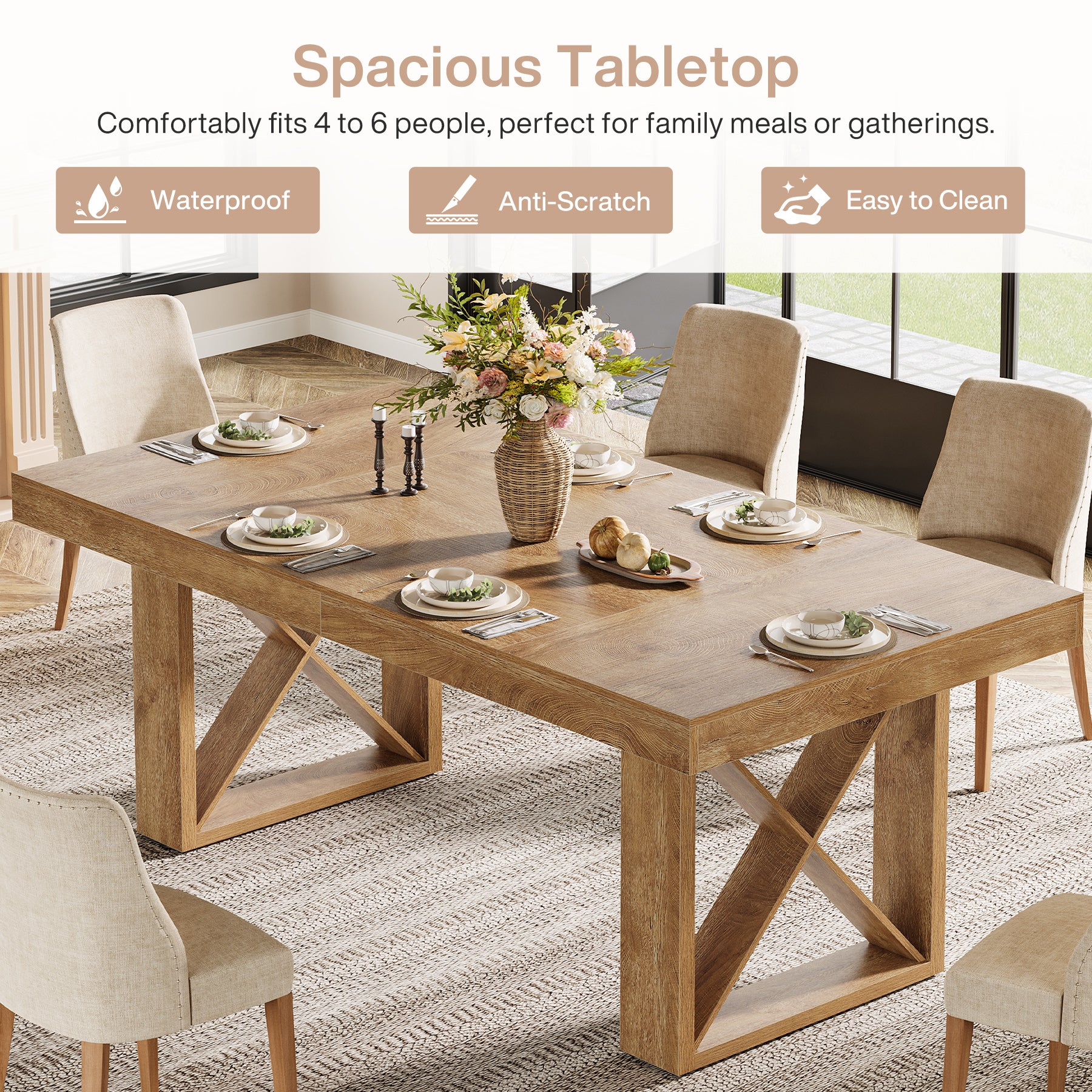 Rectangle Dining Table, 63" Farmhouse Kitchen Table for 4-6 People - Image 8