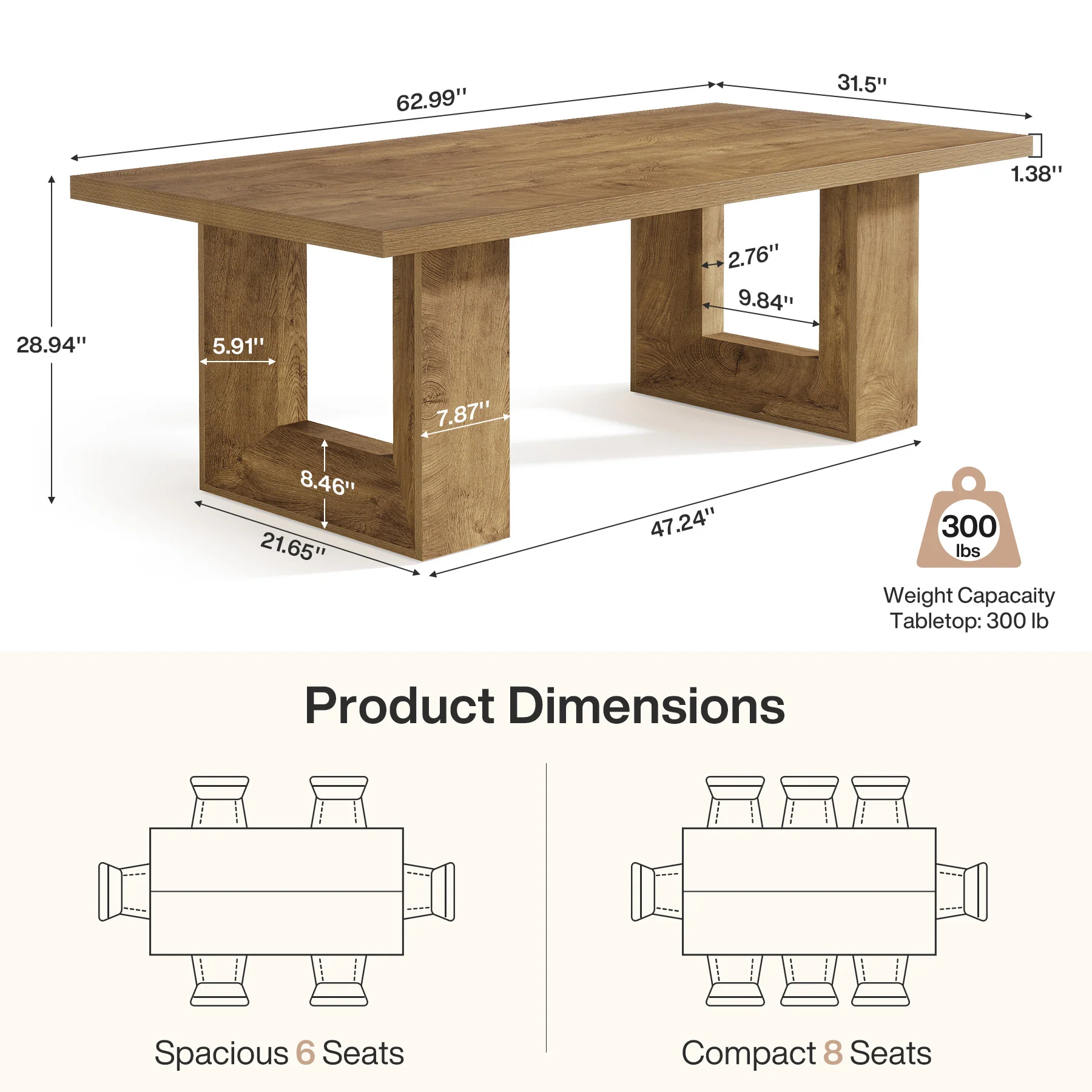 Rectangle Dining Table for 6-8, 63" Kitchen Table with Geometric Frame - Image 2
