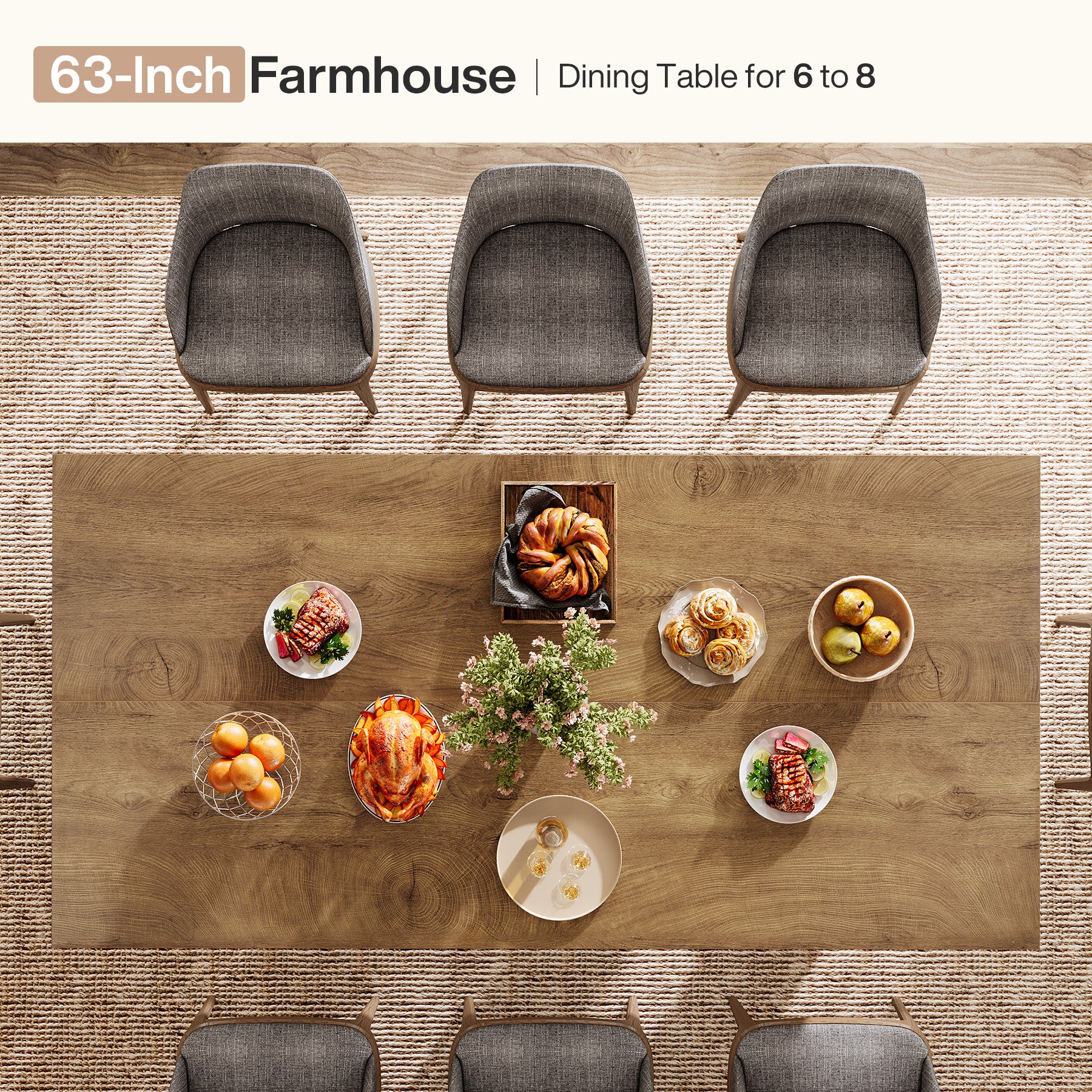Rectangle Dining Table for 6-8, 63" Kitchen Table with Geometric Frame - Image 5