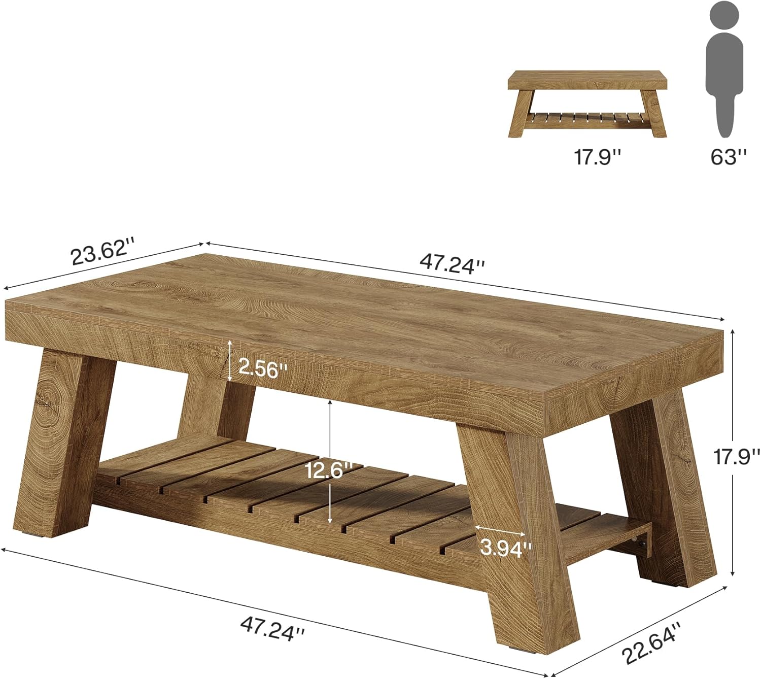 Rectangular Coffee Table, 47.24" Farmhouse Center Table with 2-Tier Storage - Image 2