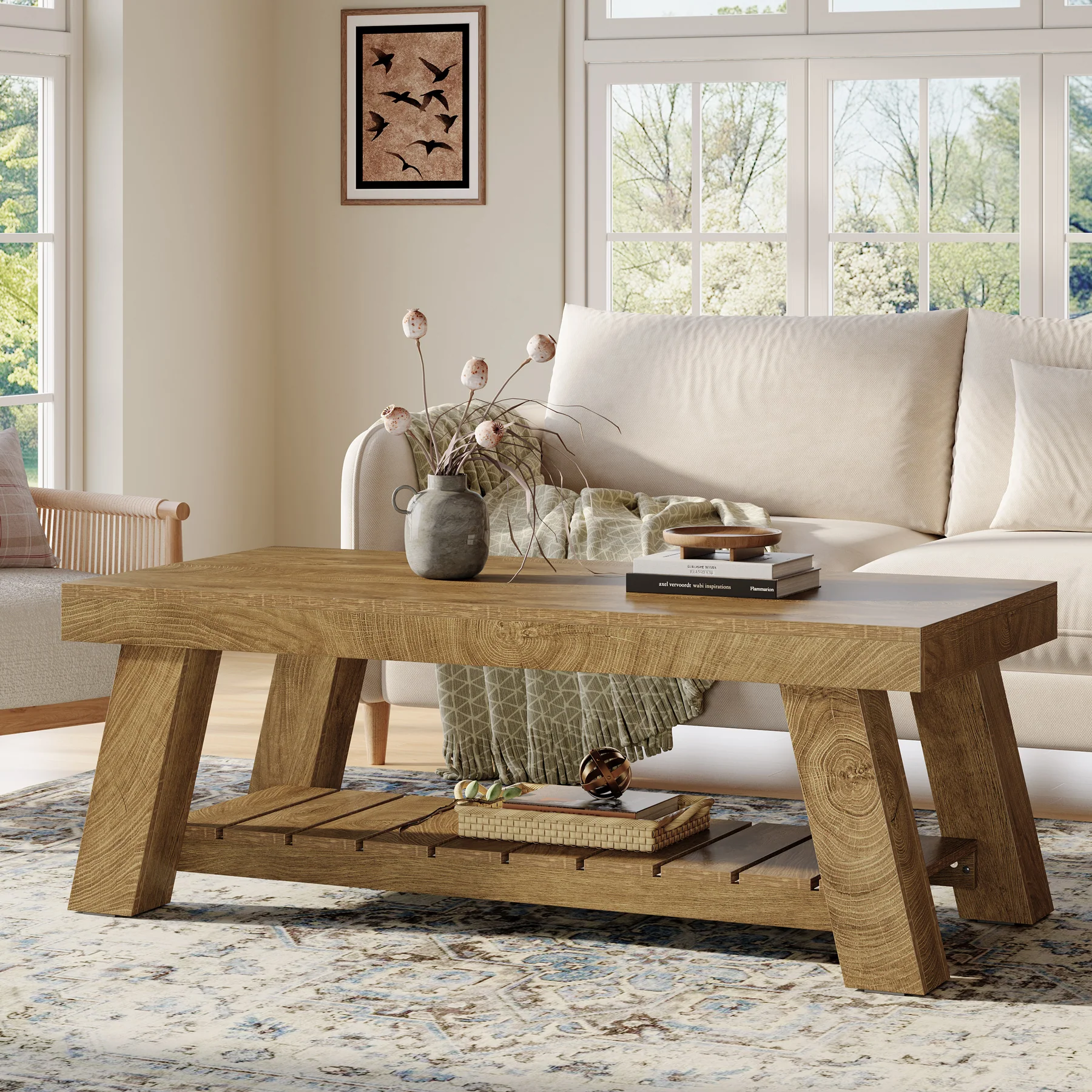 Rectangular Coffee Table, 47.24" Farmhouse Center Table with 2-Tier Storage - Image 3
