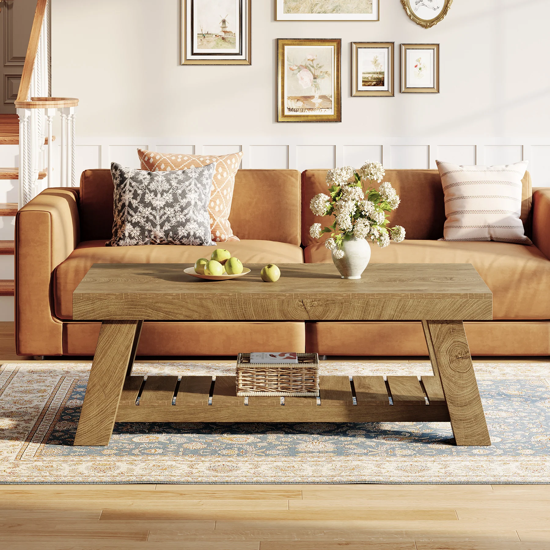 Rectangular Coffee Table, 47.24" Farmhouse Center Table with 2-Tier Storage - Image 4