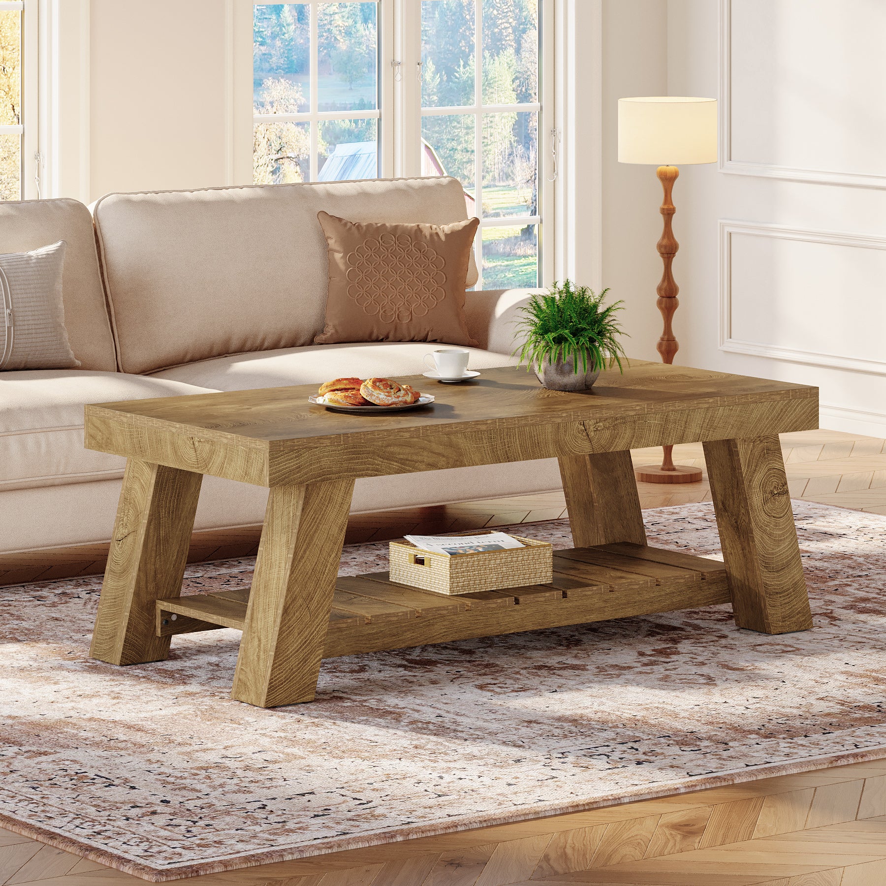 Rectangular Coffee Table, 47.24" Farmhouse Center Table with 2-Tier Storage - Image 5