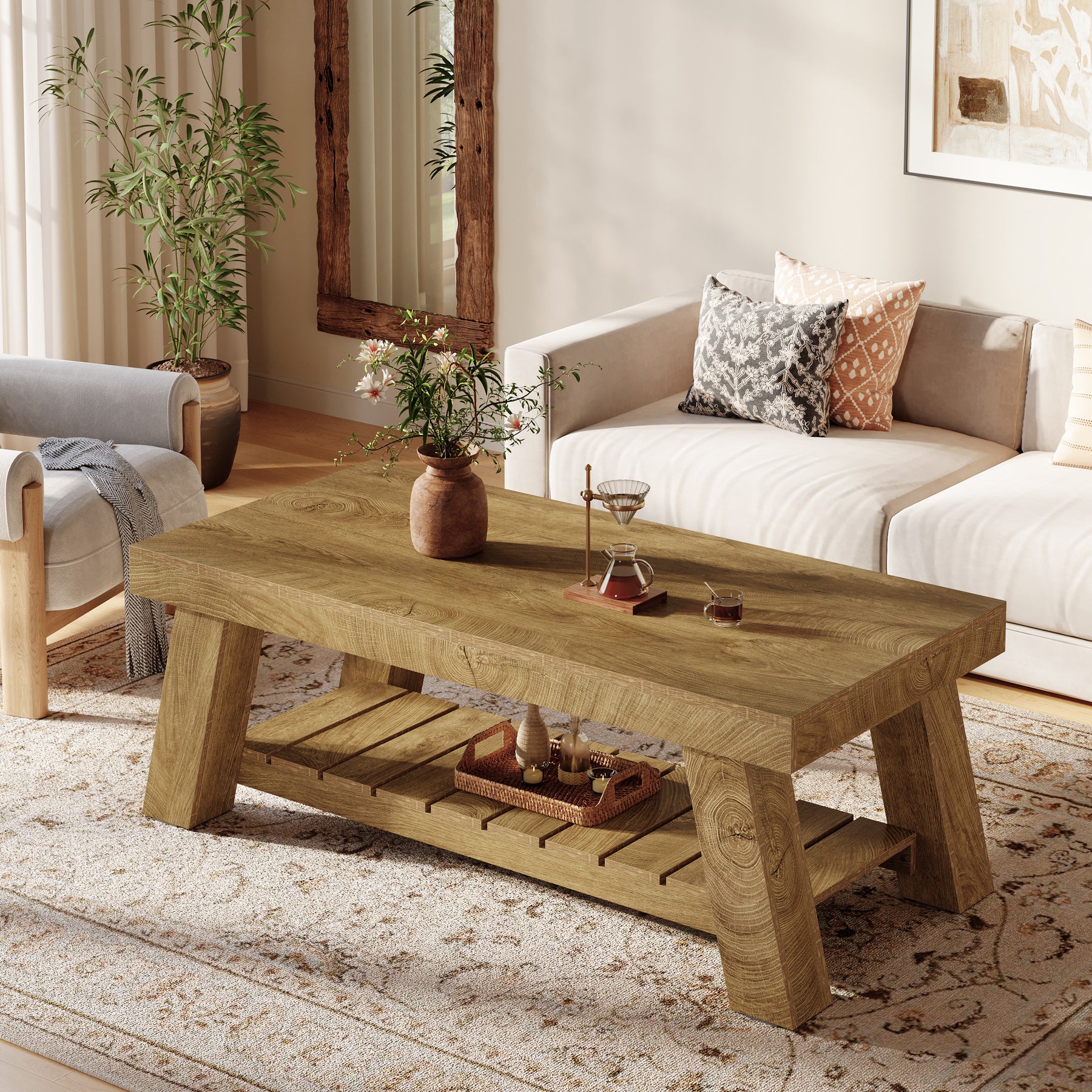 Rectangular Coffee Table, 47.24" Farmhouse Center Table with 2-Tier Storage - Image 6