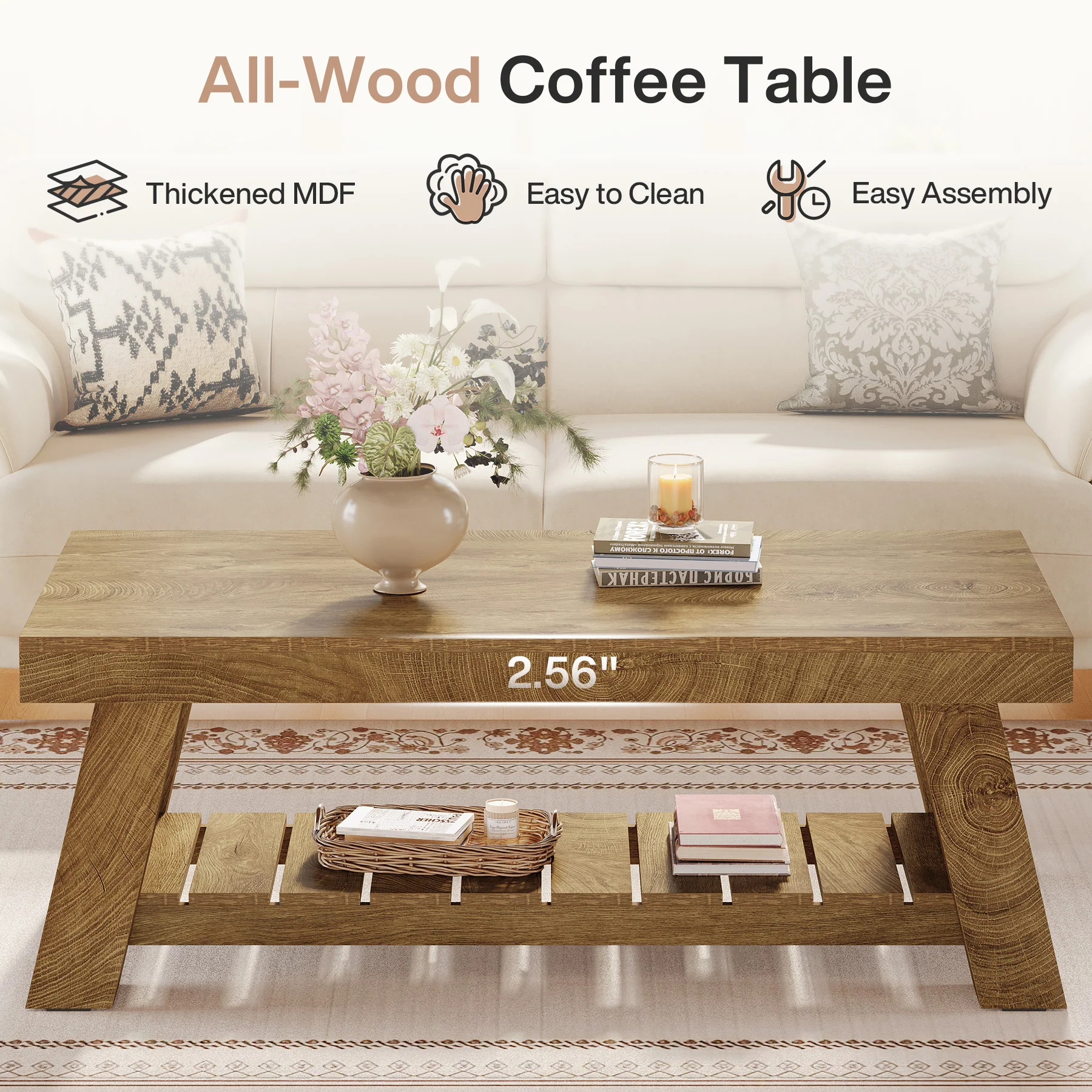 Rectangular Coffee Table, 47.24" Farmhouse Center Table with 2-Tier Storage - Image 7