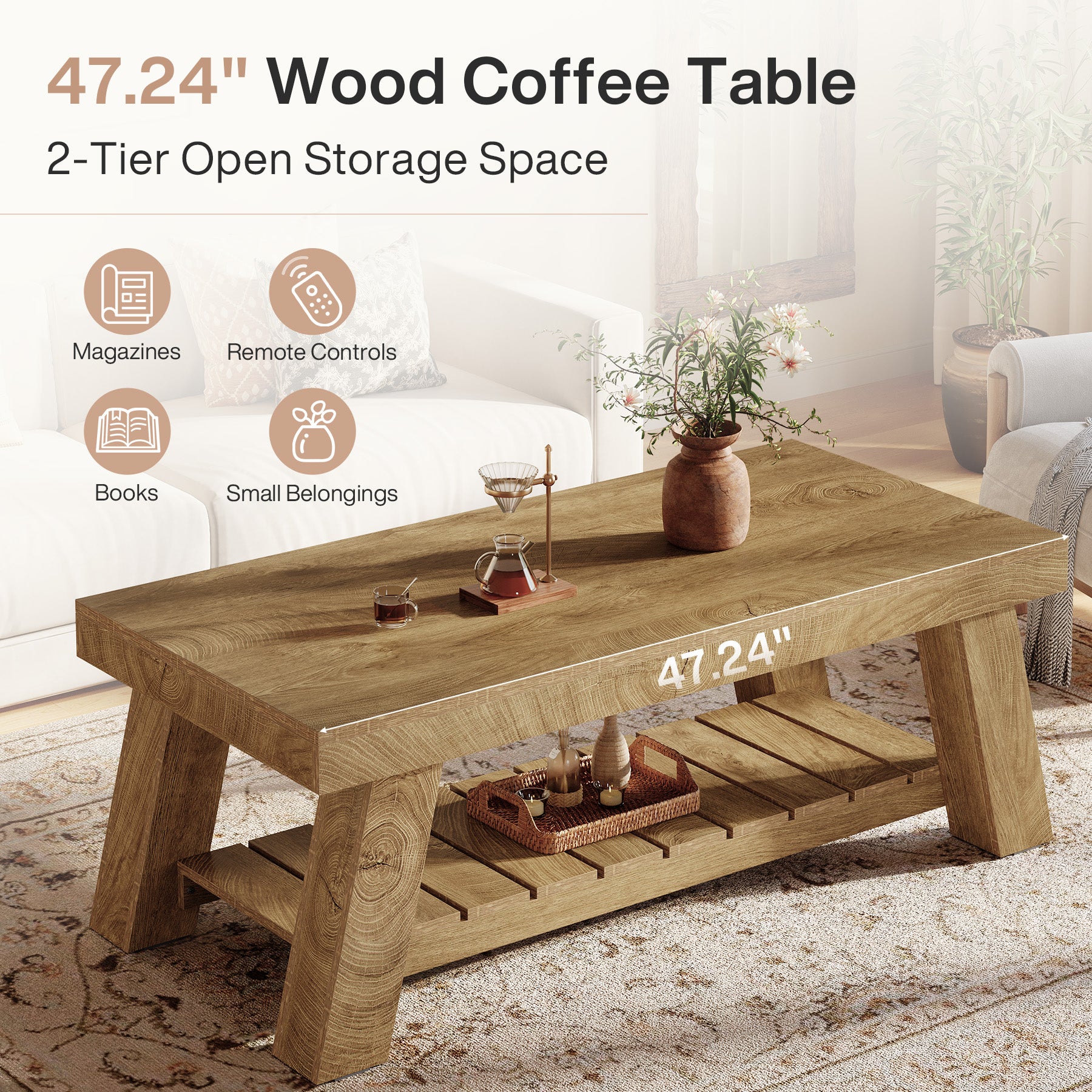 Rectangular Coffee Table, 47.24" Farmhouse Center Table with 2-Tier Storage - Image 8
