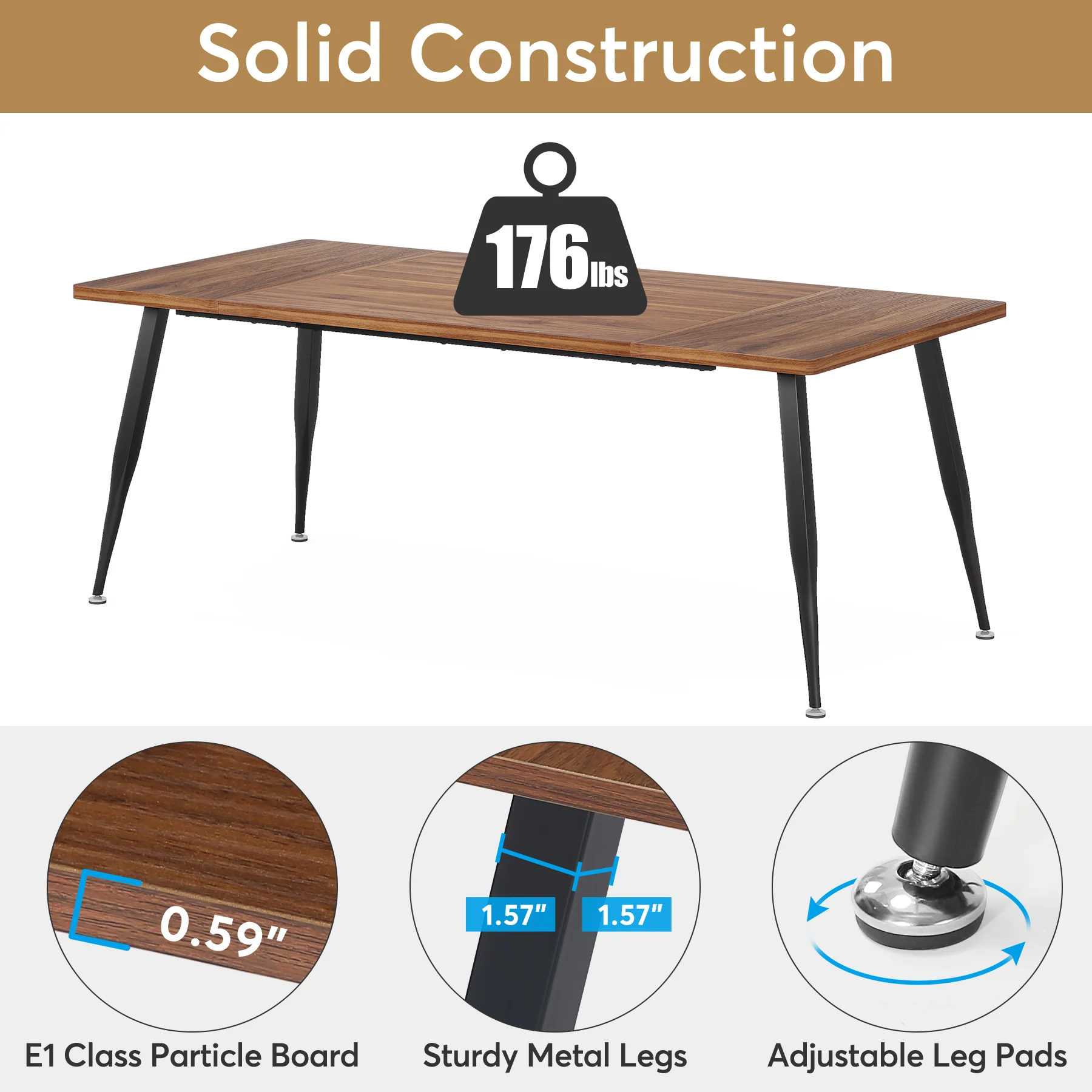 Industrial Dining Table, 70.9" Kitchen Dinner Table for 6 to 8 People - Image 6