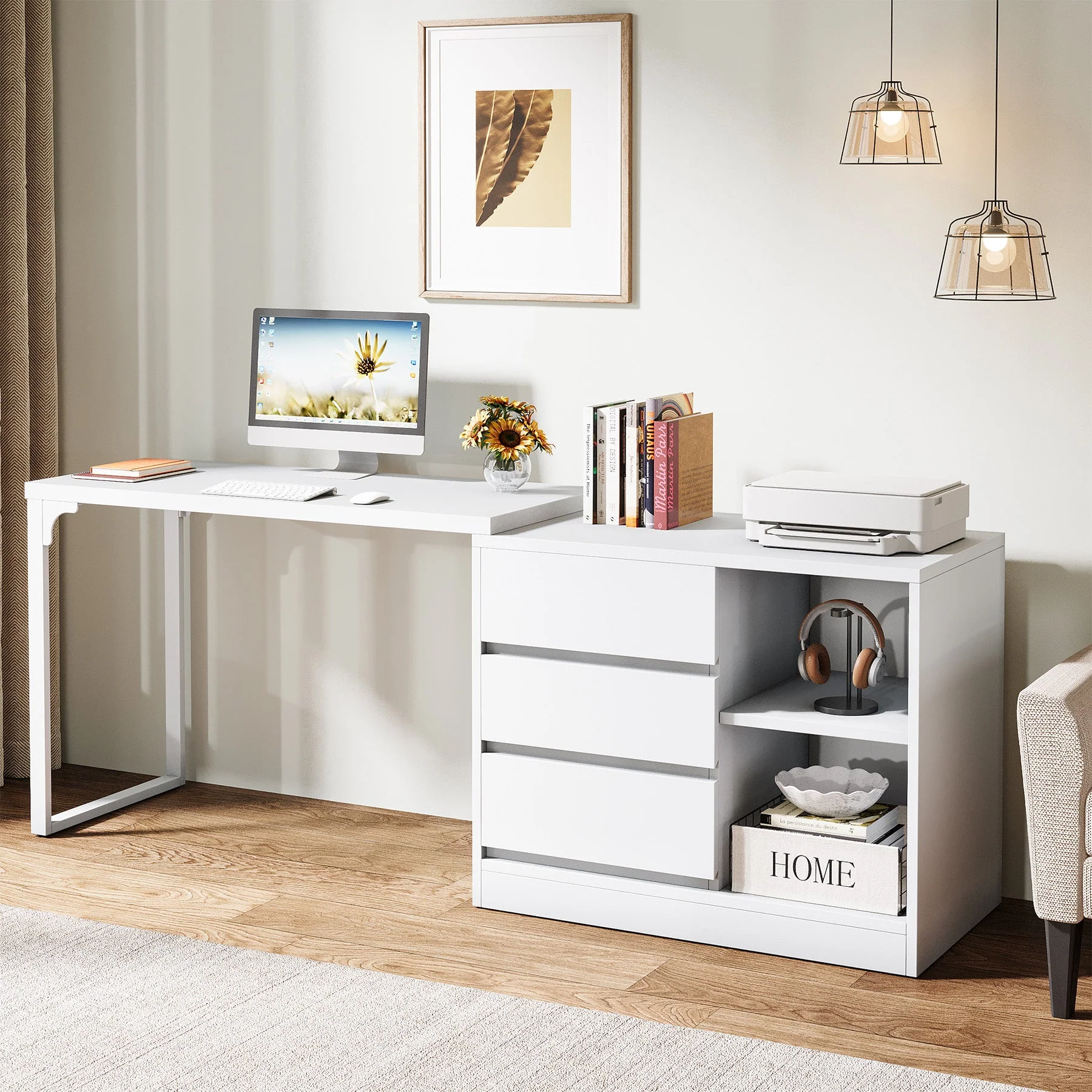 L-Shaped Computer Desk, Reversible Corner Desk With Drawer Cabinet - Image 3