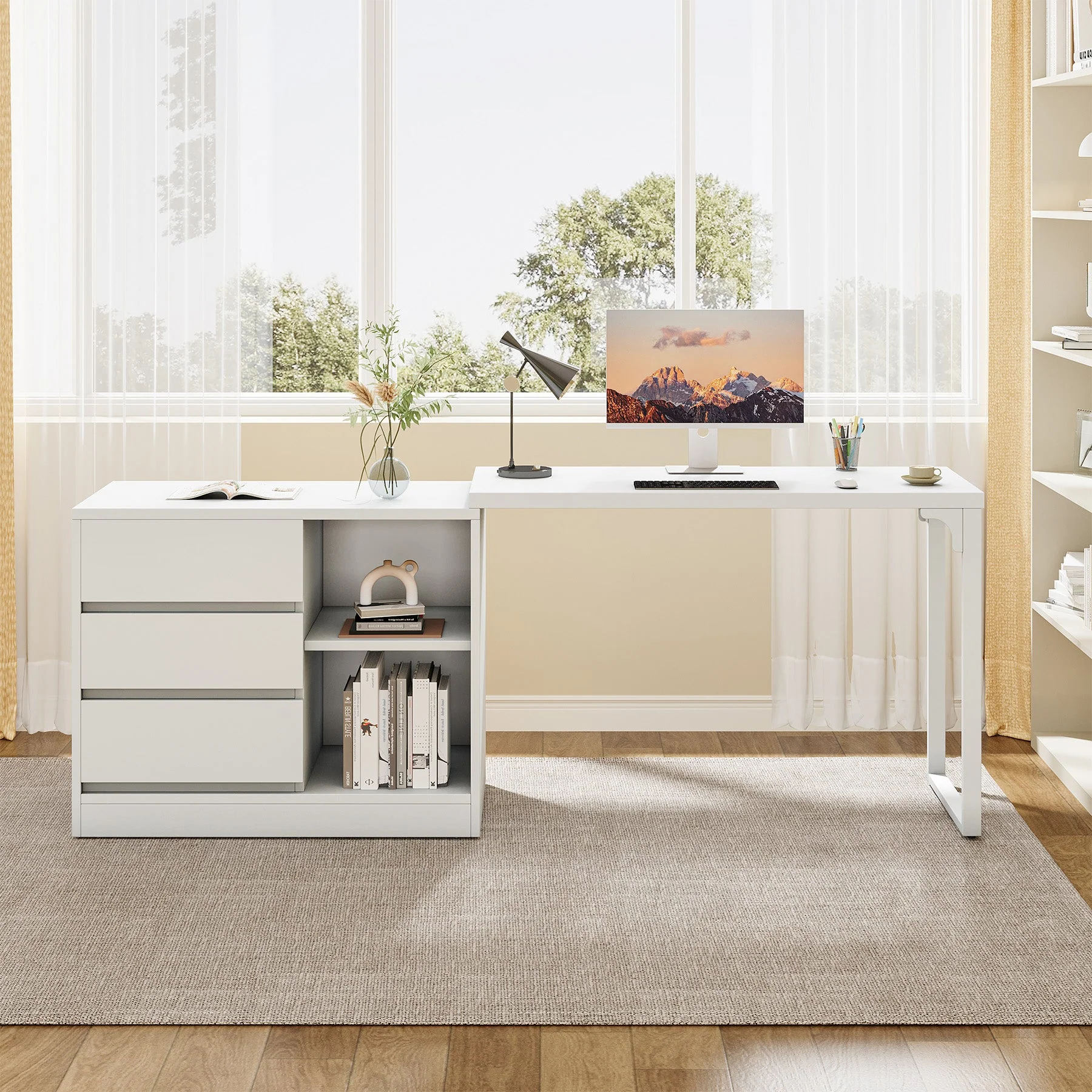 L-Shaped Computer Desk, Reversible Corner Desk With Drawer Cabinet - Image 6