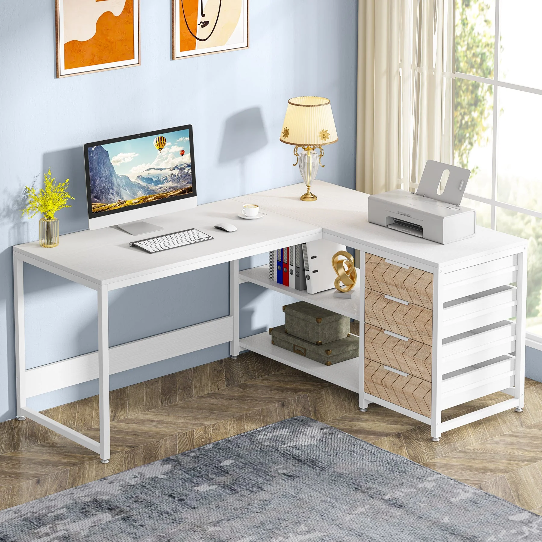 59" L-Shaped Desk, Reversible Corner Desk with Drawers & Shelves - Image 7