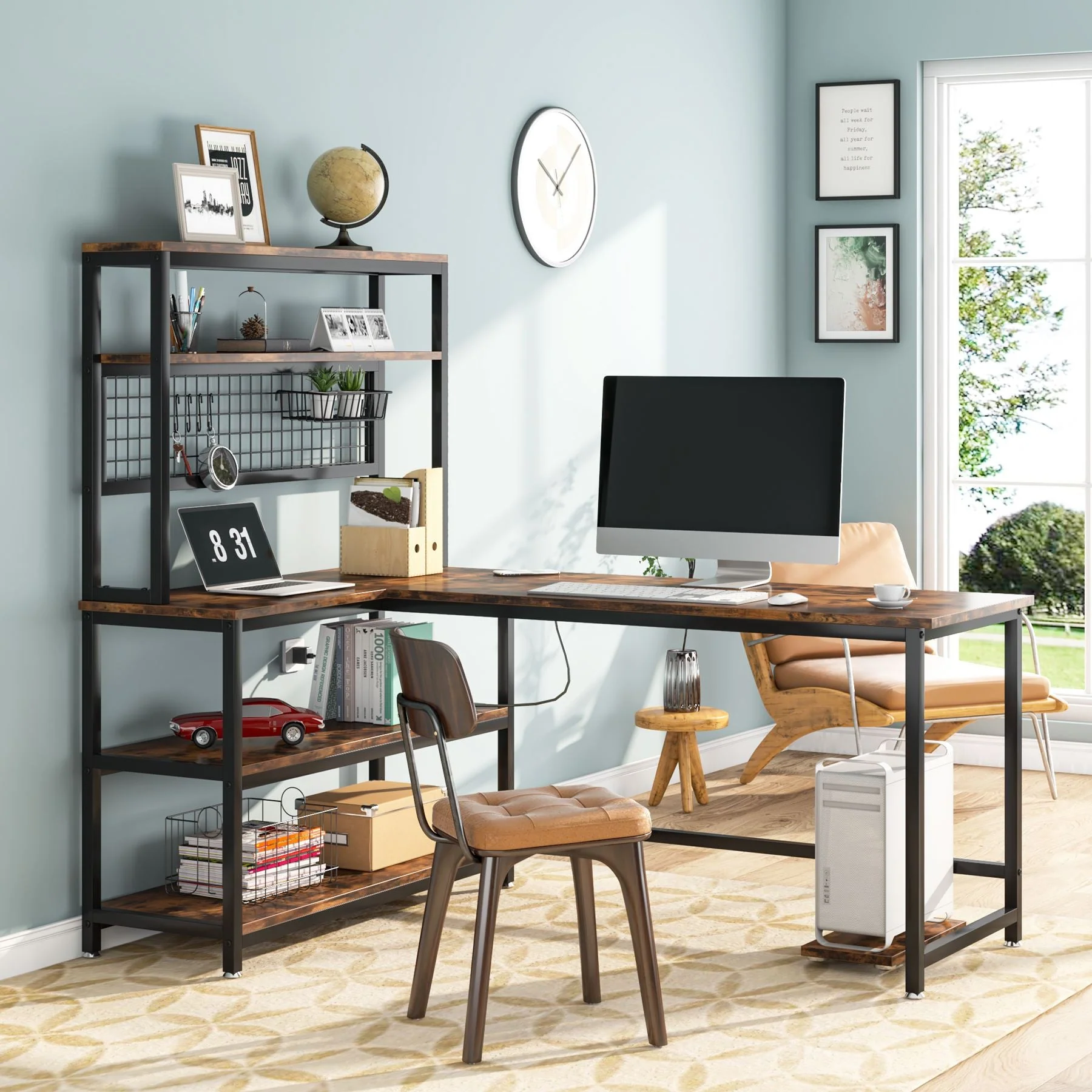 55" Reversible L-Shaped Desk, Computer Desk with Wireless Charging & Hutch - Image 3
