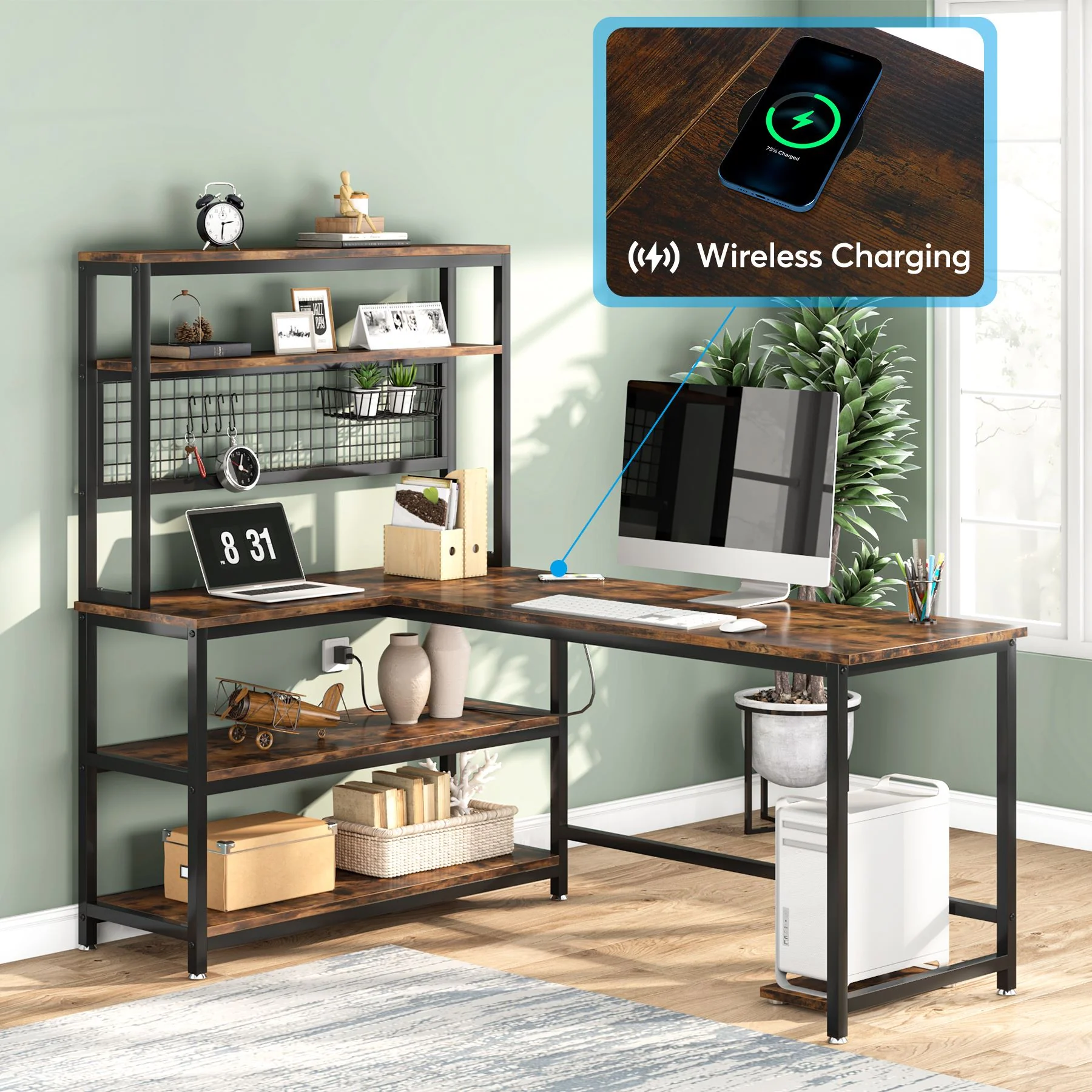 55" Reversible L-Shaped Desk, Computer Desk with Wireless Charging & Hutch - Image 4