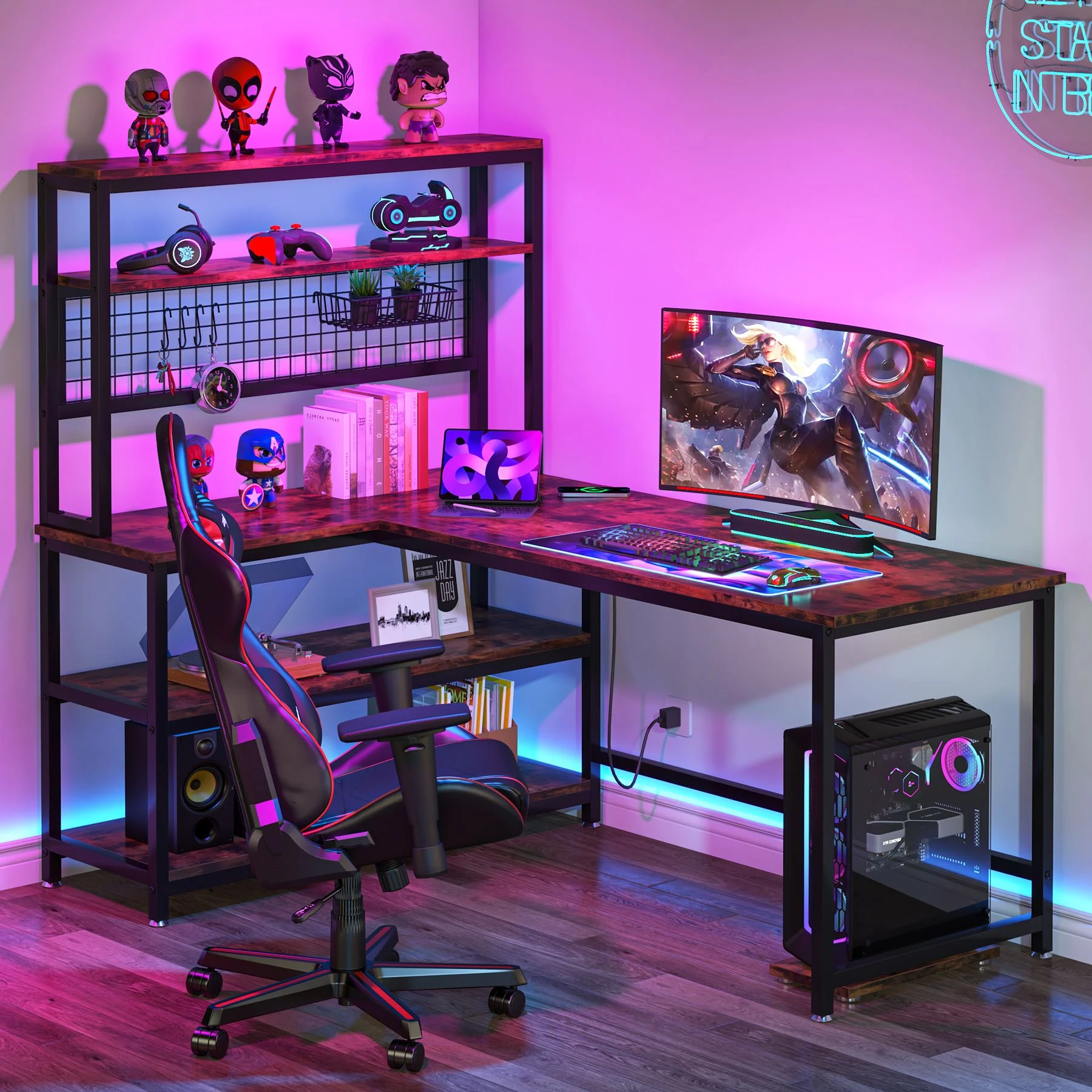 55" Reversible L-Shaped Desk, Computer Desk with Wireless Charging & Hutch - Image 5