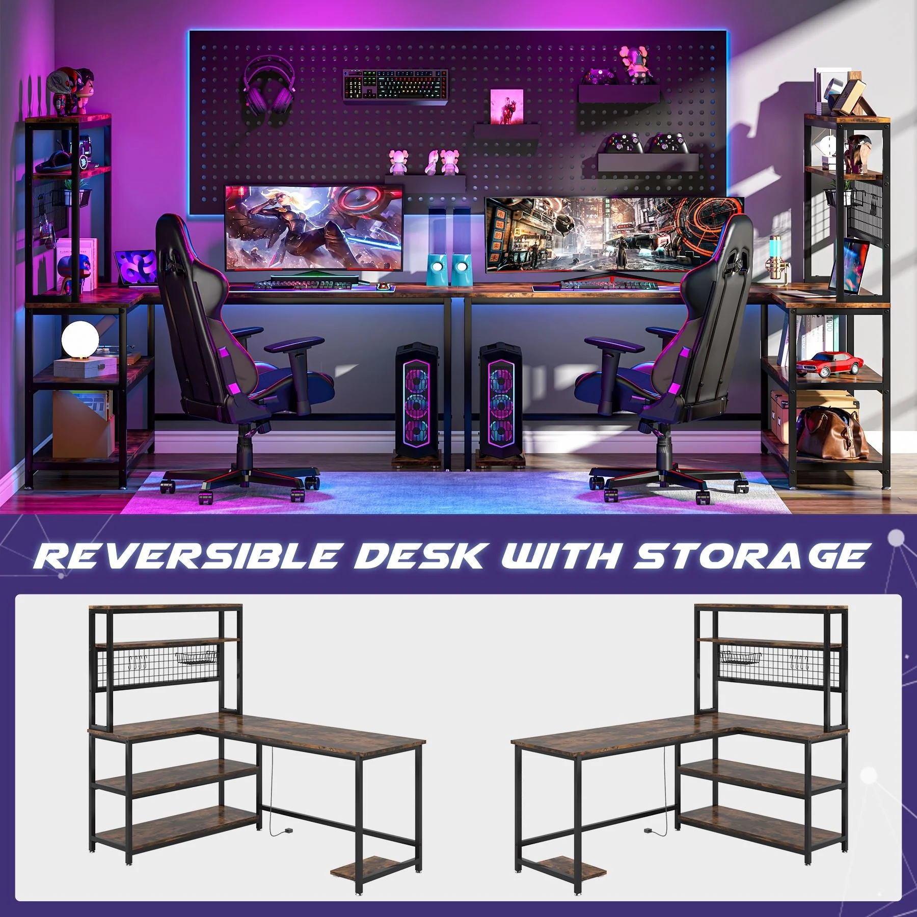 55" Reversible L-Shaped Desk, Computer Desk with Wireless Charging & Hutch - Image 6