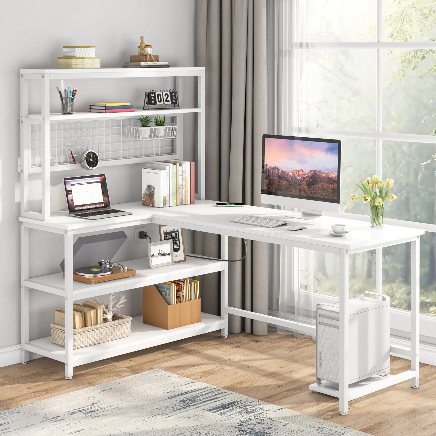 55" Reversible L-Shaped Desk, Computer Desk with Wireless Charging & Hutch - Image 7