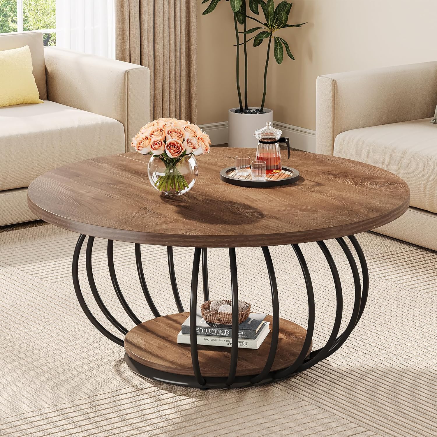 39.4" Coffee Table, Round 2-Tier Accent Center Cocktail Table with Storage Shelf
