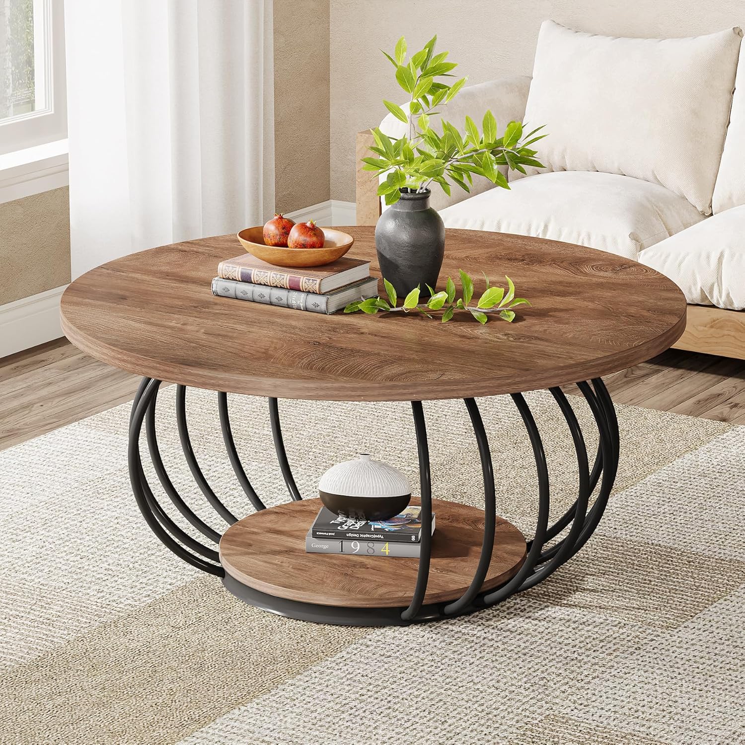 39.4" Coffee Table, Round 2-Tier Accent Center Cocktail Table with Storage Shelf - Image 3
