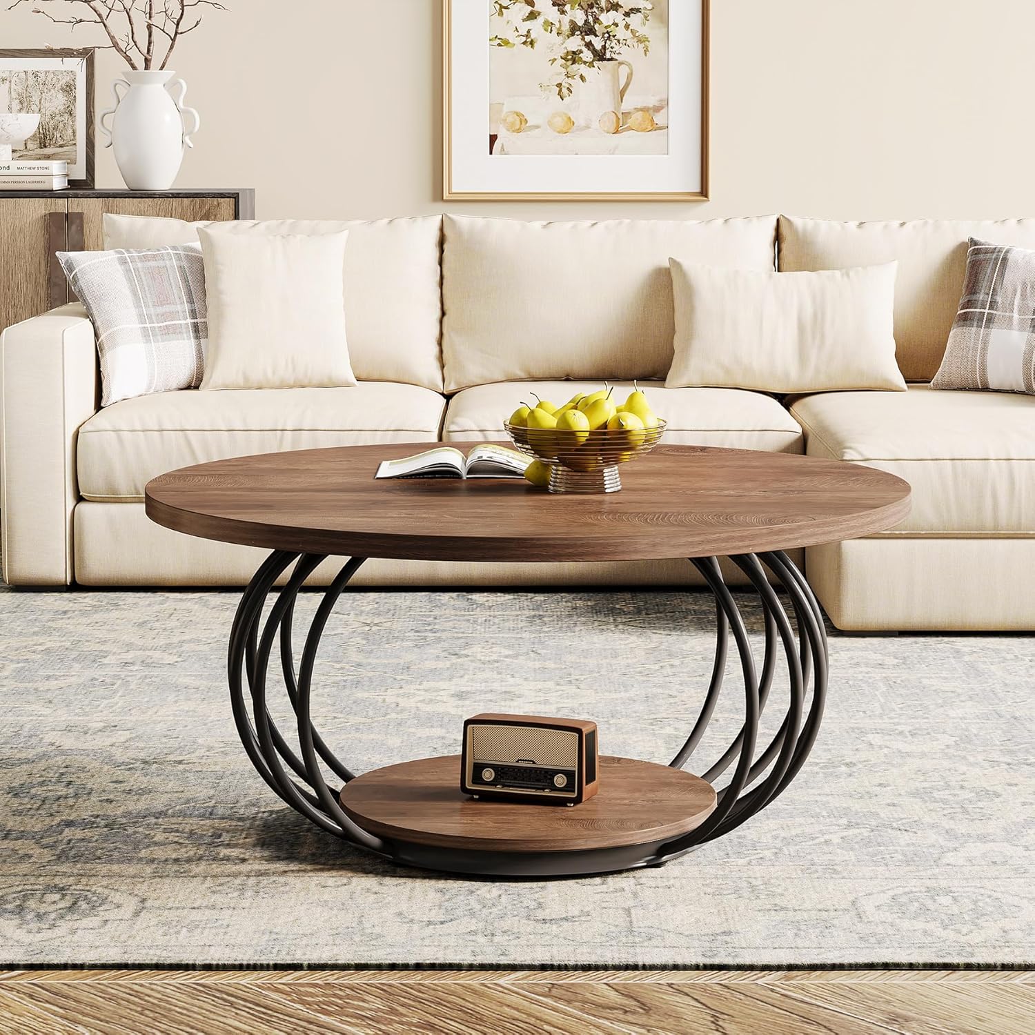 39.4" Coffee Table, Round 2-Tier Accent Center Cocktail Table with Storage Shelf - Image 4