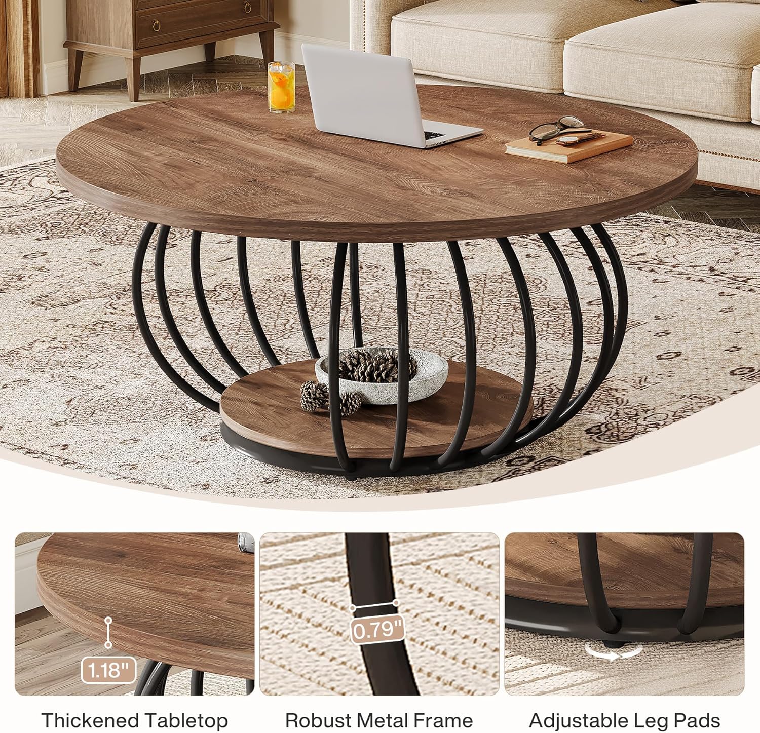 39.4" Coffee Table, Round 2-Tier Accent Center Cocktail Table with Storage Shelf - Image 5