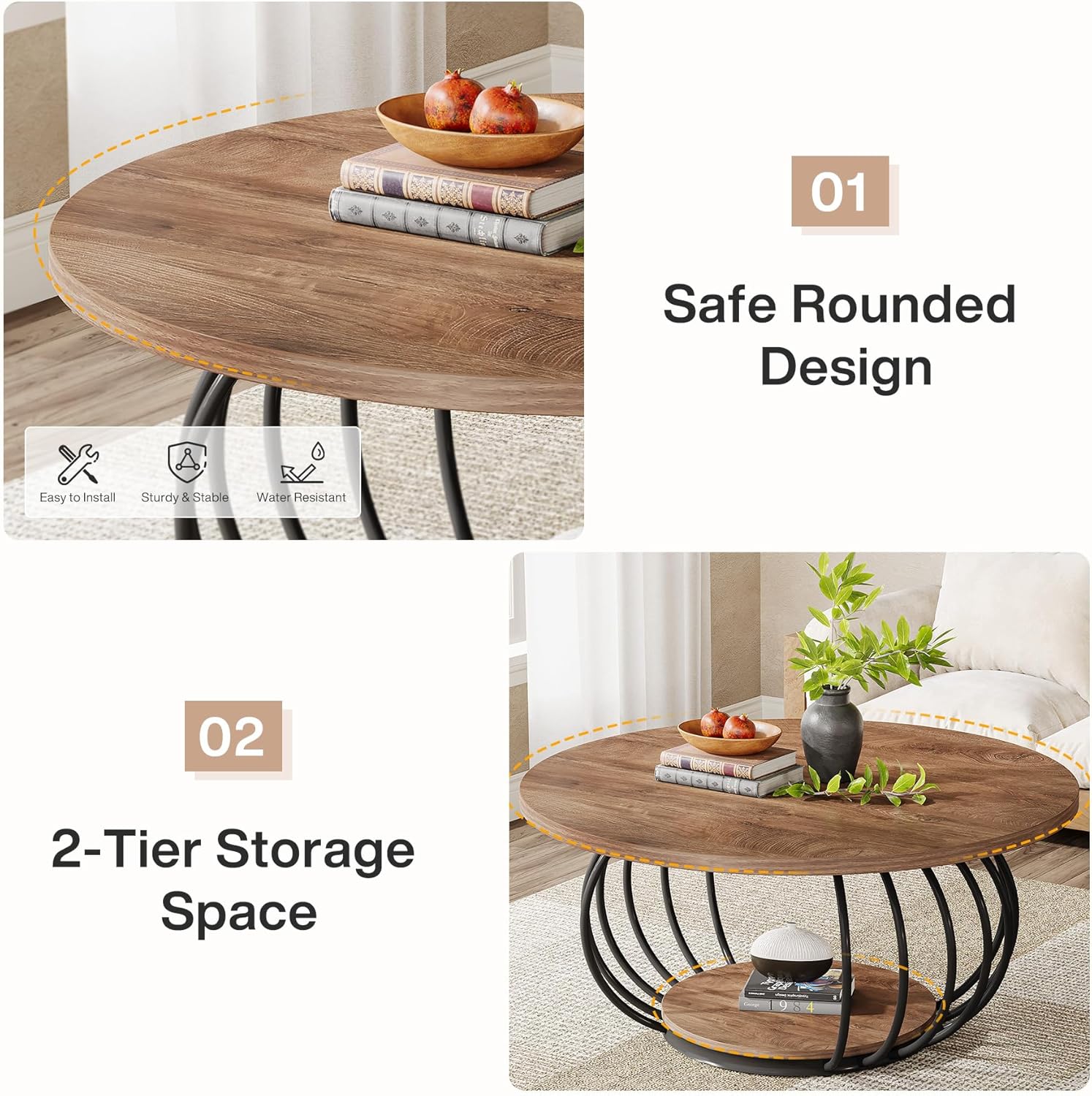 39.4" Coffee Table, Round 2-Tier Accent Center Cocktail Table with Storage Shelf - Image 6