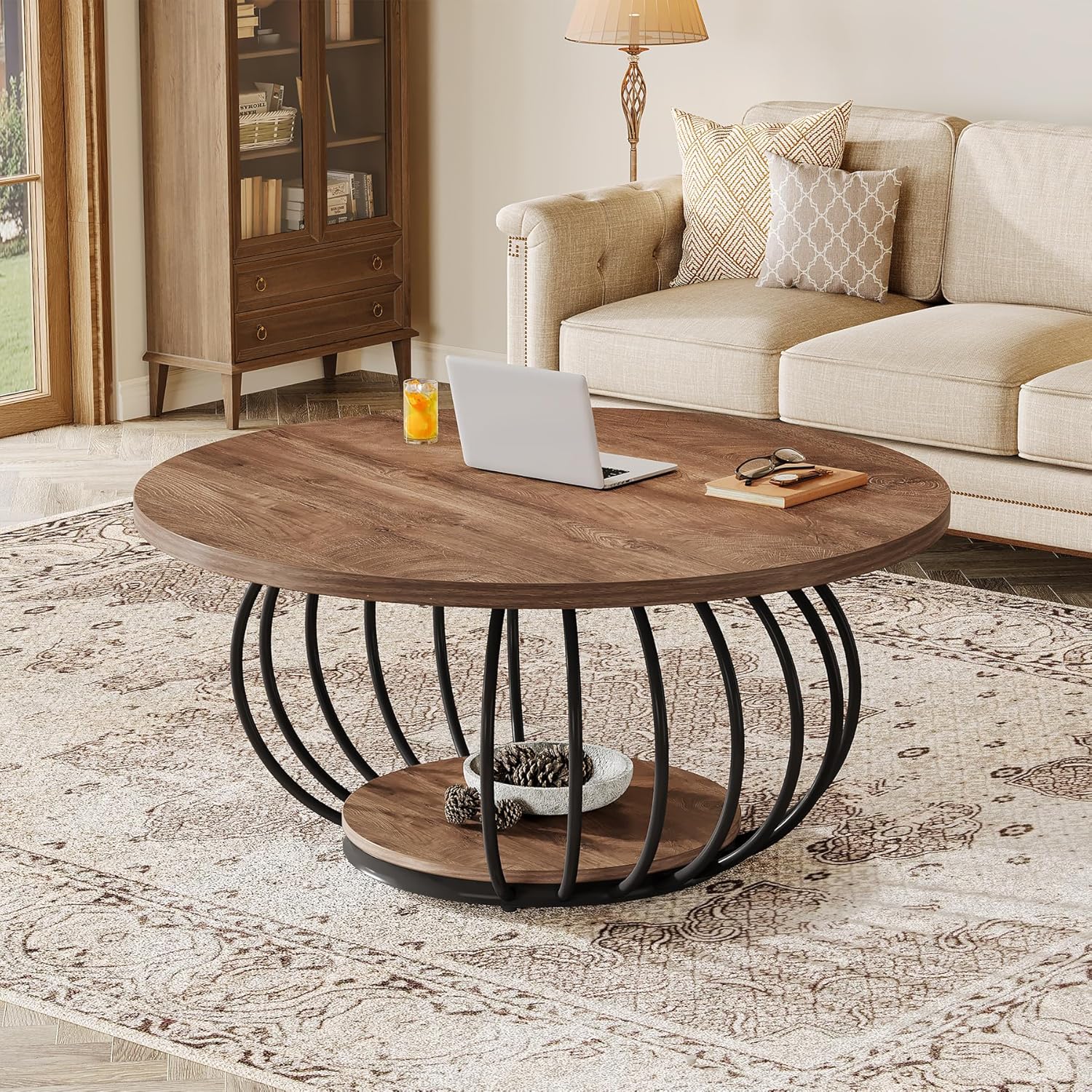39.4" Coffee Table, Round 2-Tier Accent Center Cocktail Table with Storage Shelf - Image 7