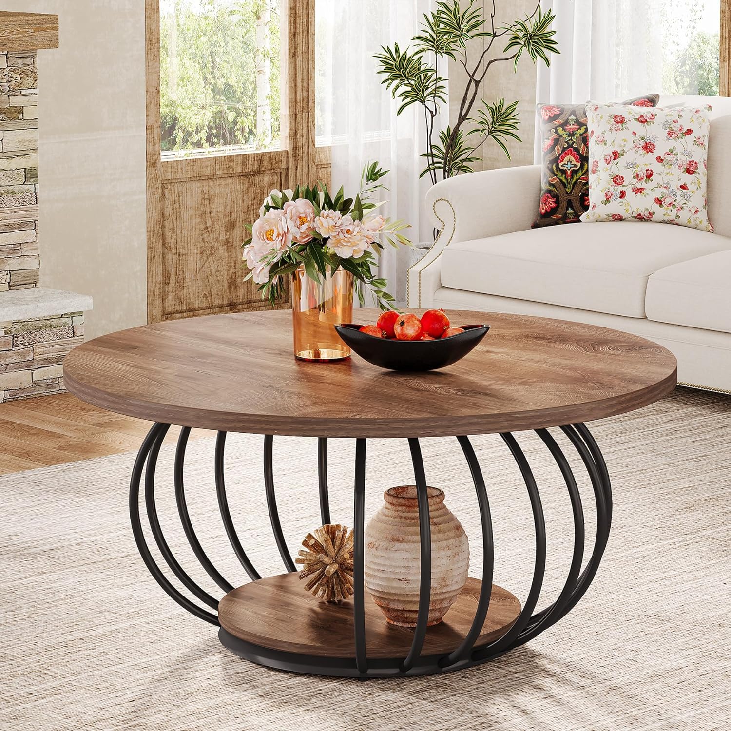 39.4" Coffee Table, Round 2-Tier Accent Center Cocktail Table with Storage Shelf - Image 8