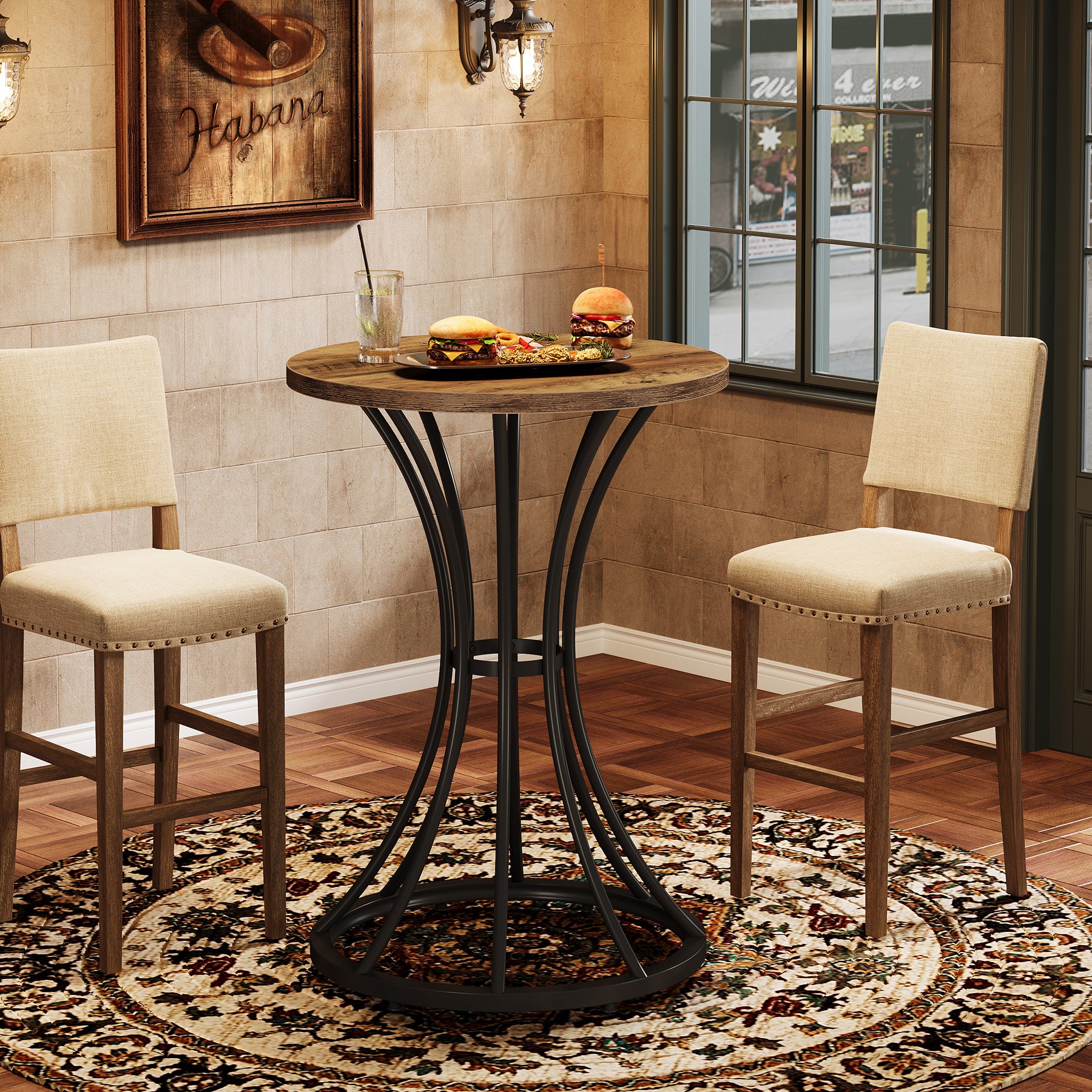37.4" H Round Bar Table for 2, Farmhouse Cocktail Table with Curved Metal Base - Image 3