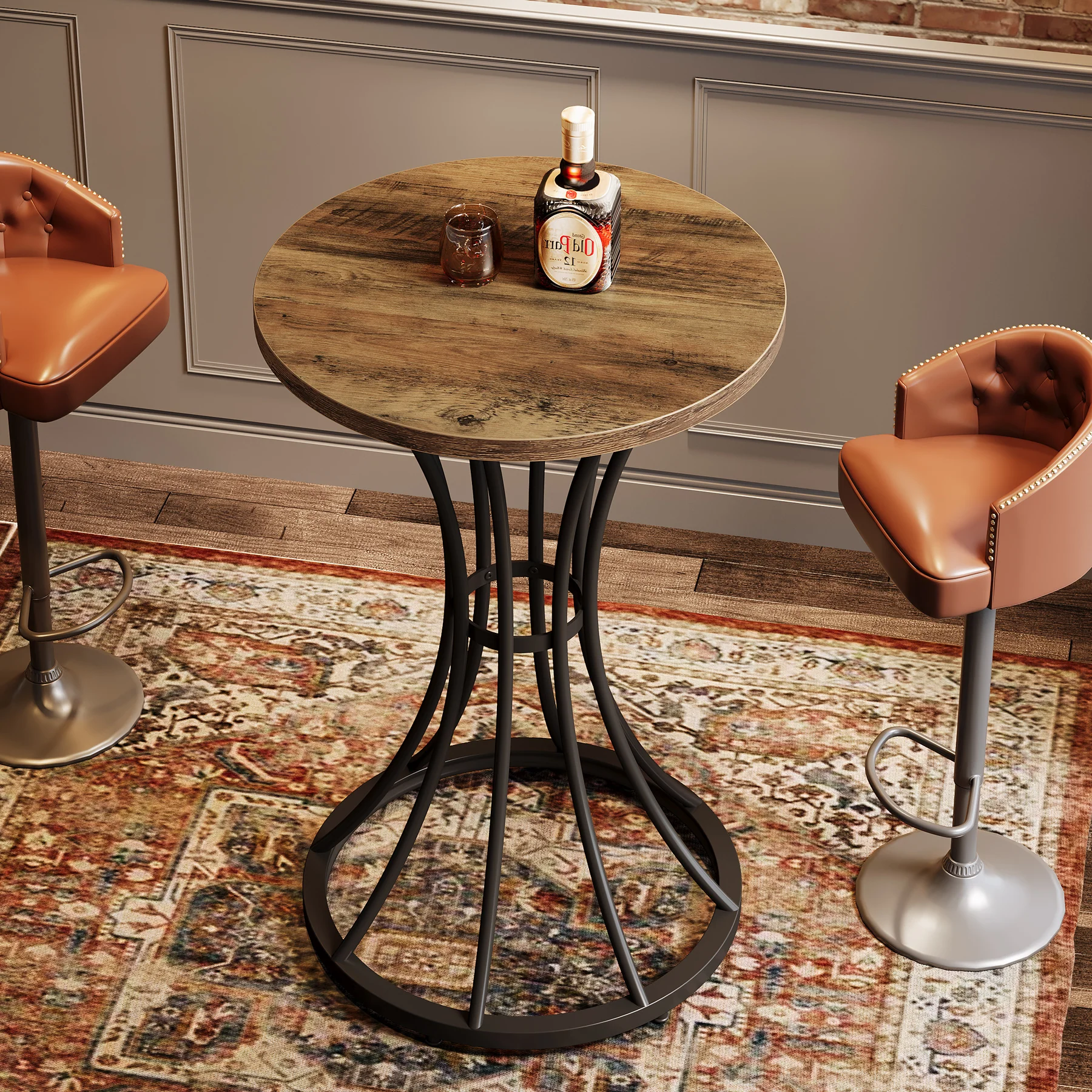 37.4" H Round Bar Table for 2, Farmhouse Cocktail Table with Curved Metal Base - Image 5