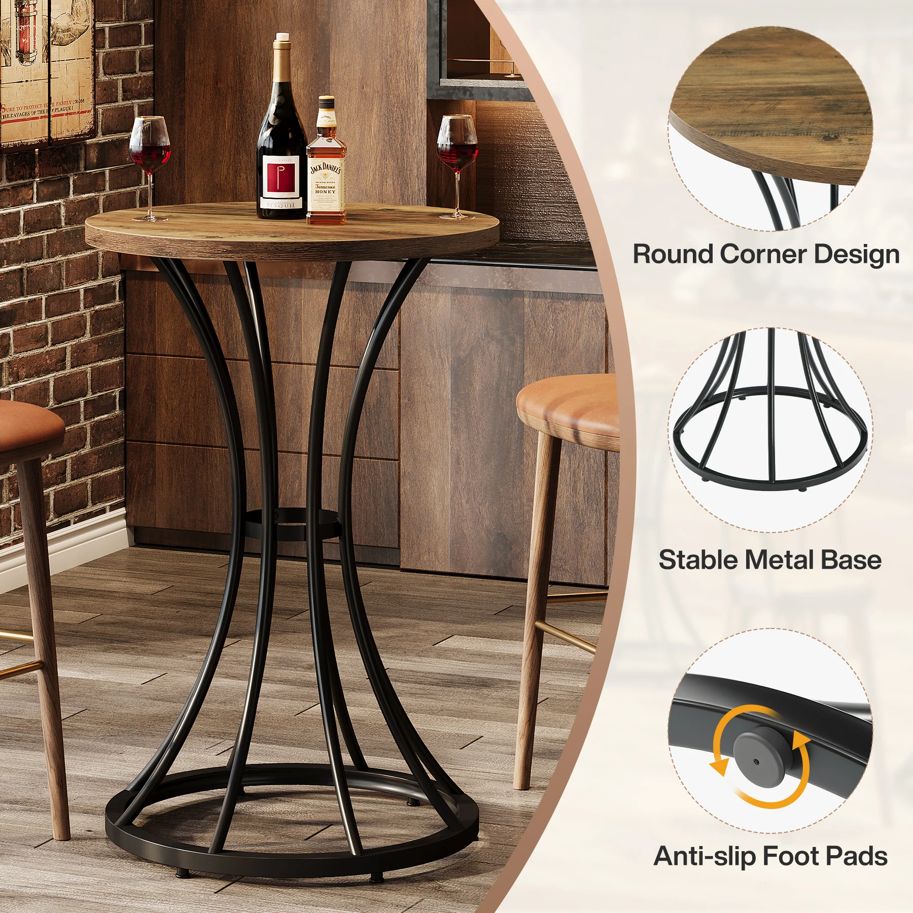 37.4" H Round Bar Table for 2, Farmhouse Cocktail Table with Curved Metal Base - Image 7