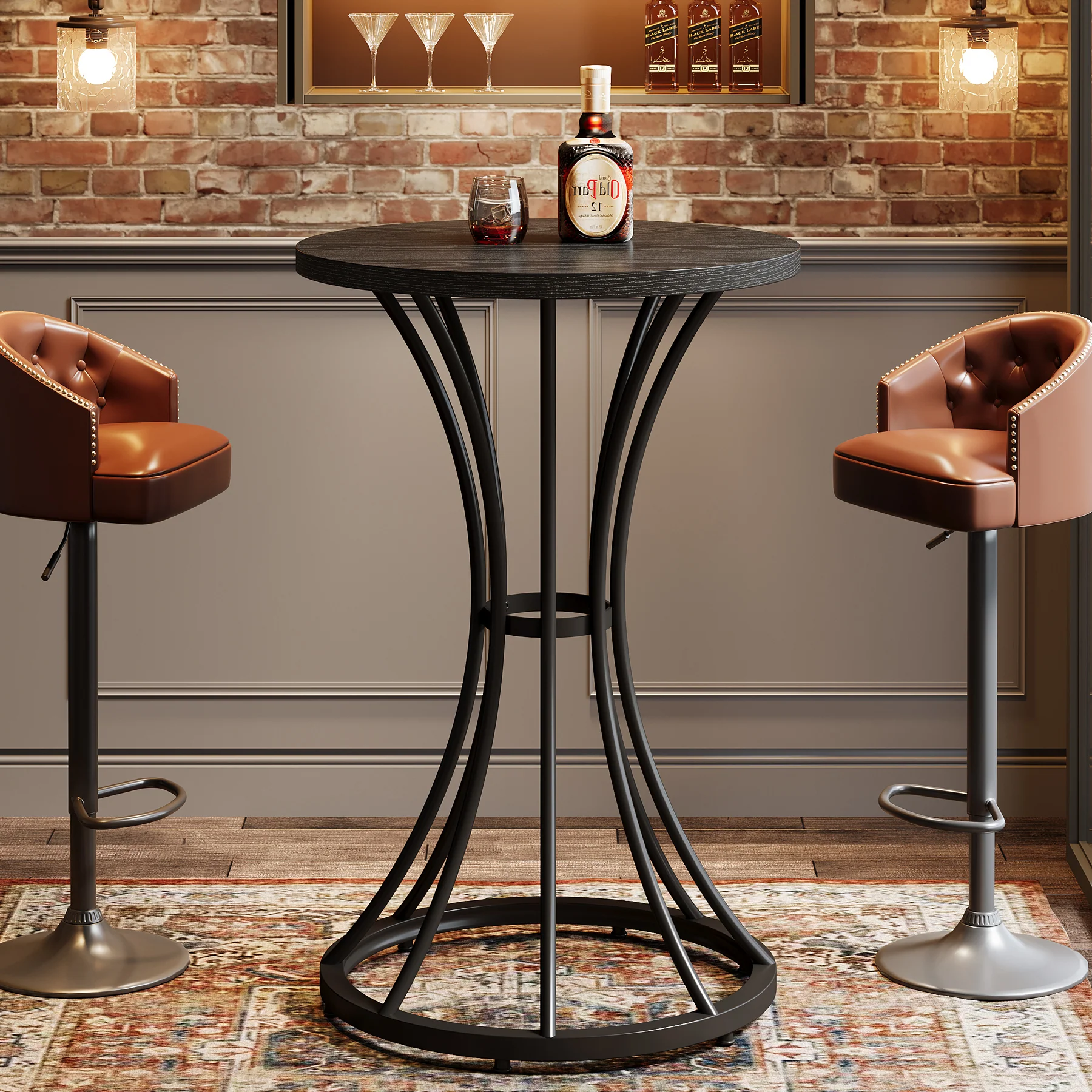 37.4" H Round Bar Table for 2, Farmhouse Cocktail Table with Curved Metal Base - Image 9