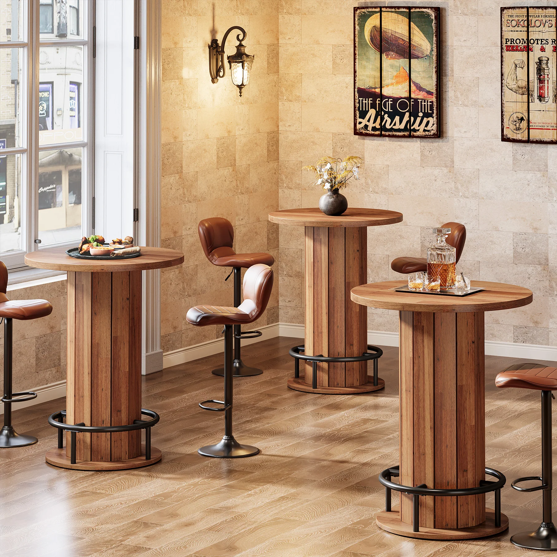31" Bar Table, Round Bistro Pub Table with Footrest for Dining Coffee Cocktail(Only Table) - Image 36