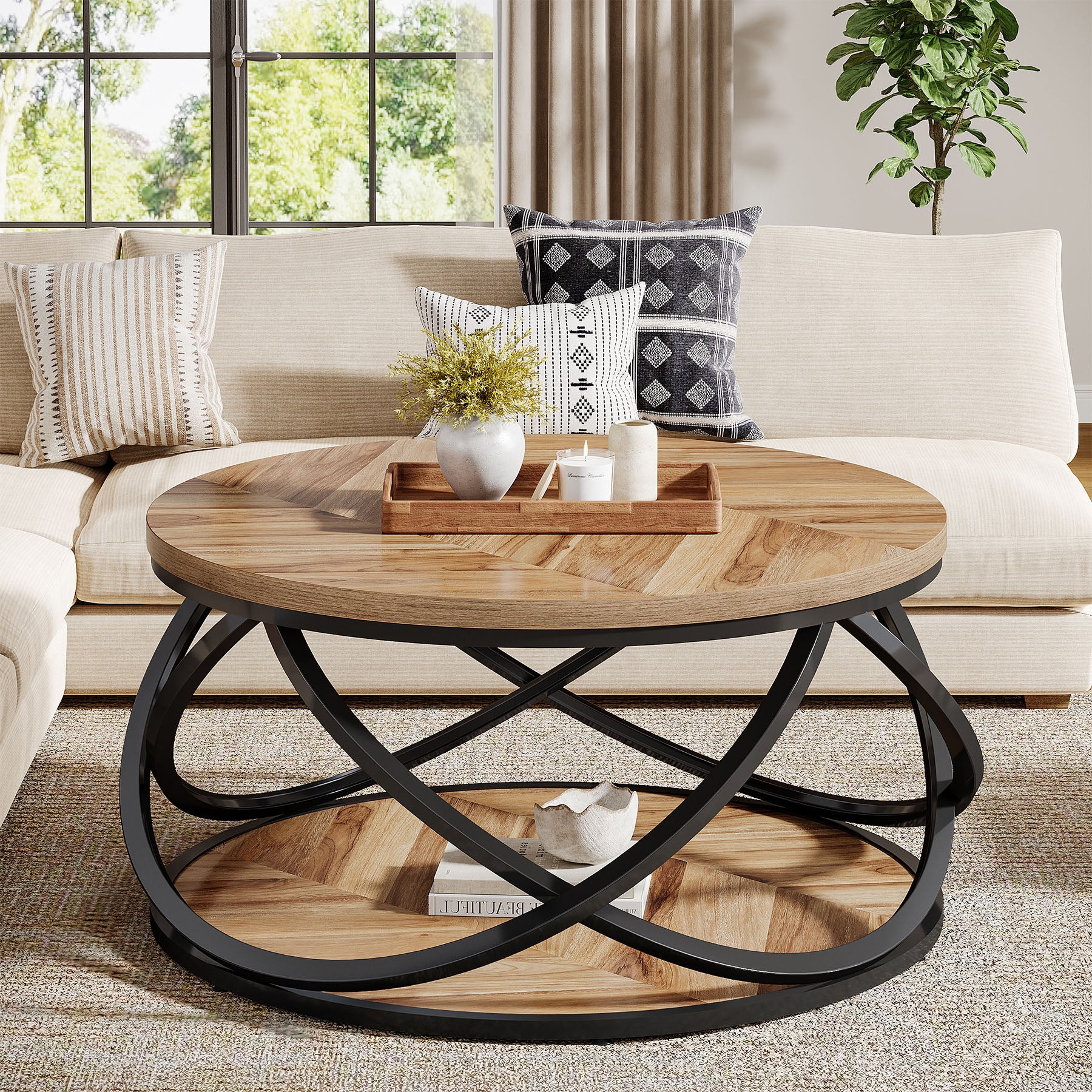 Round Coffee Table, 2-Tier Circle Center Table with Storage Shelves - Image 8