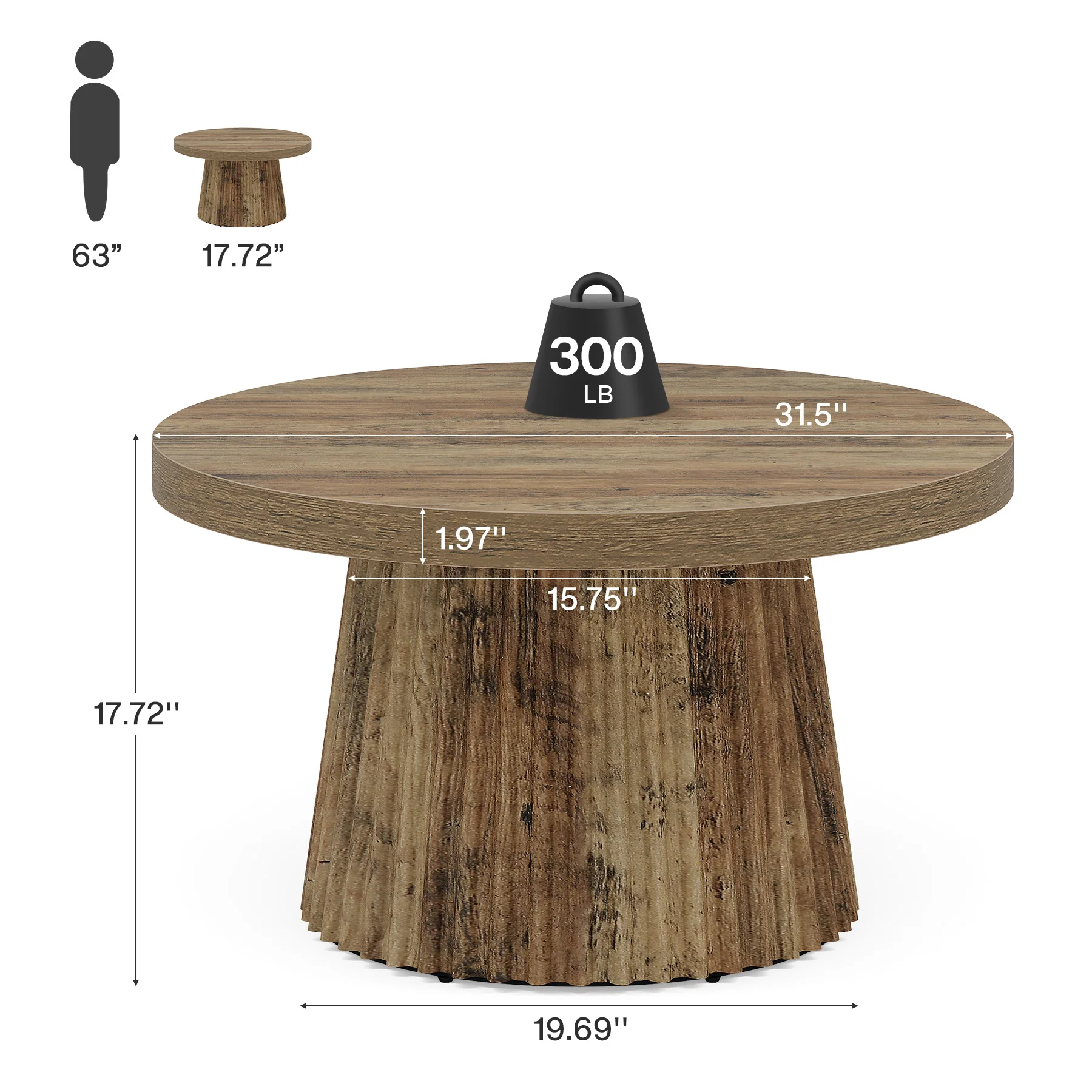 Round Coffee Table, 31.5" Circle Center Table with Fluted Drum Base - Image 2
