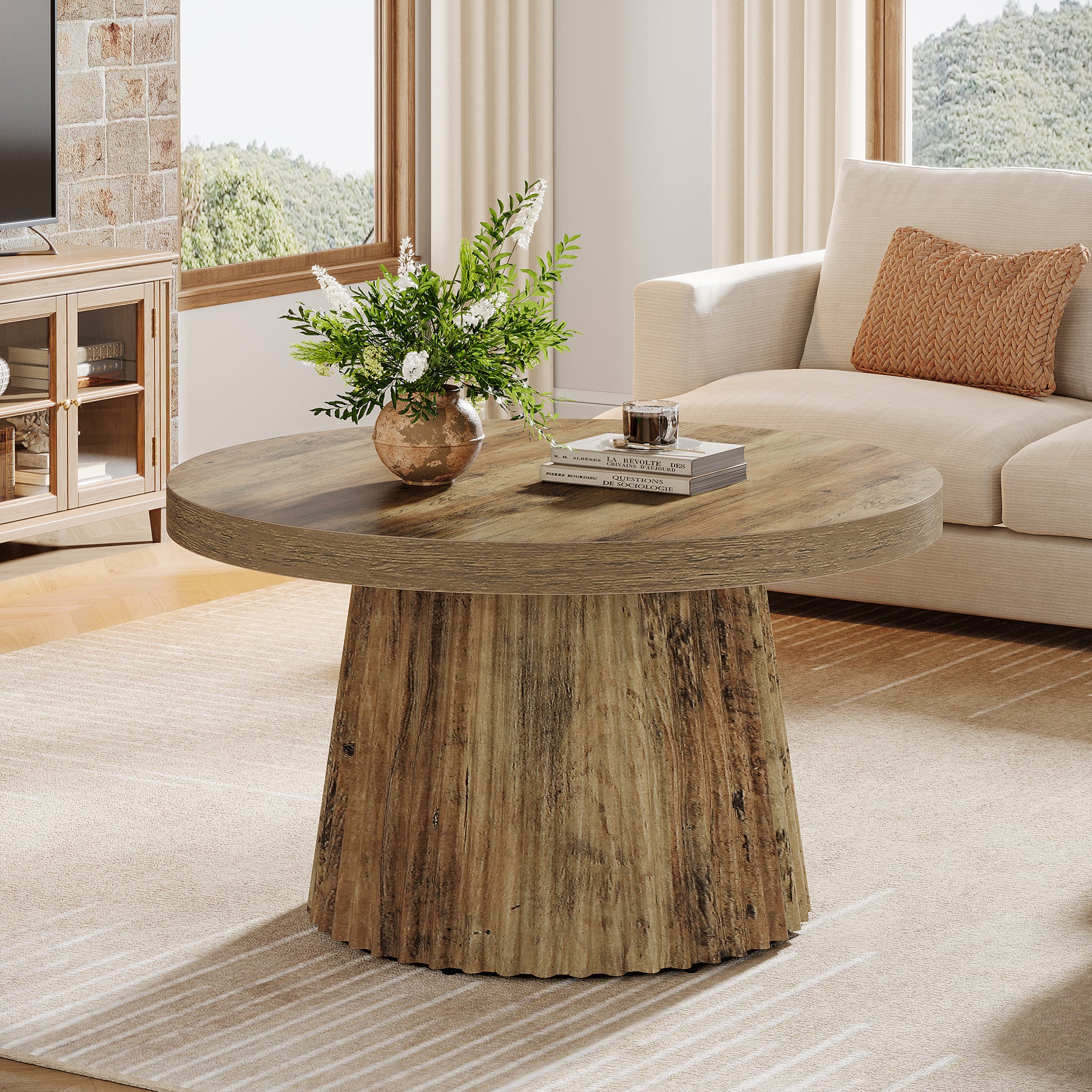 Round Coffee Table, 31.5" Circle Center Table with Fluted Drum Base - Image 3