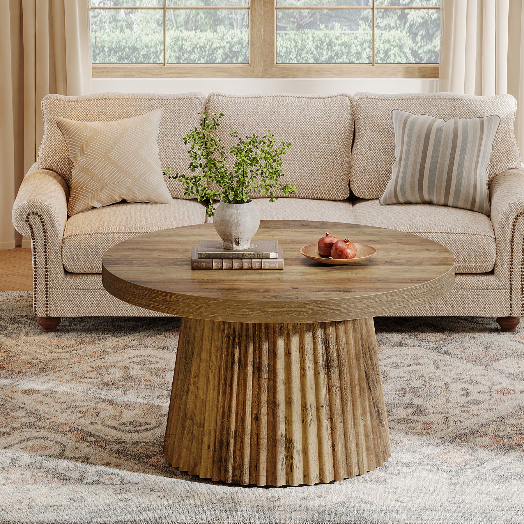 Round Coffee Table, 31.5" Circle Center Table with Fluted Drum Base - Image 4